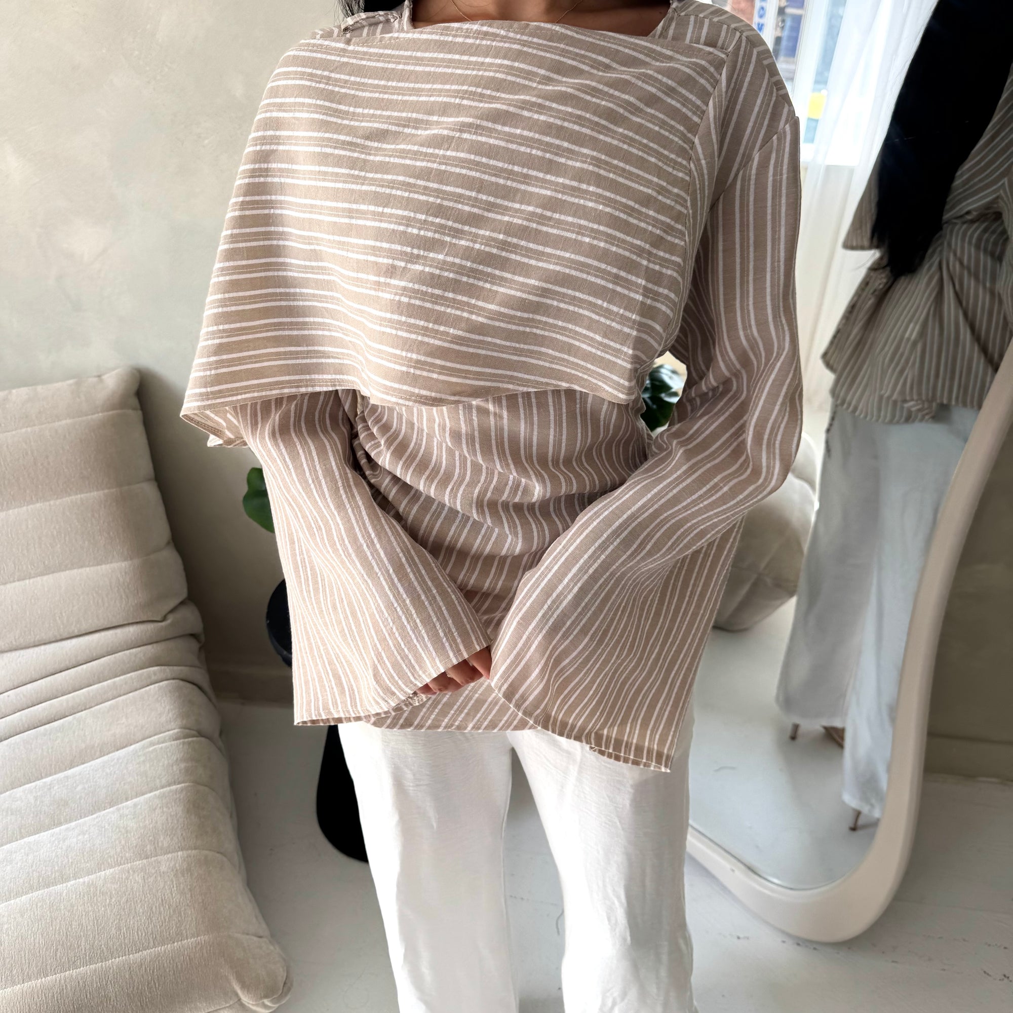 Naria Mocha Stripe Summer Attached Scarf Tie Back Top