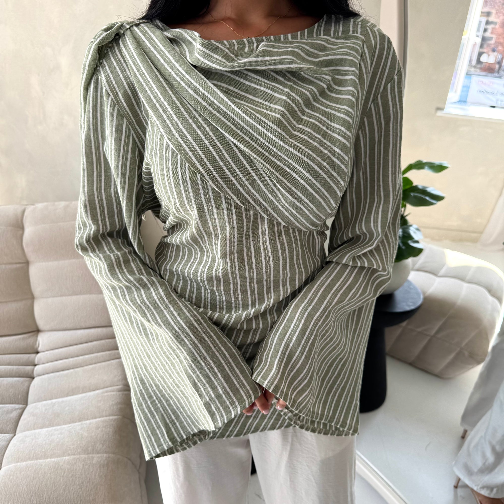 Naria Khaki Stripe Summer Attached Scarf Tie Back Top