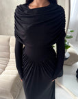 Yati Black Elegant Cape Waist Ruched Maxi Dress