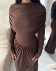 Yati Brown Elegant Cape Waist Ruched Maxi Dress