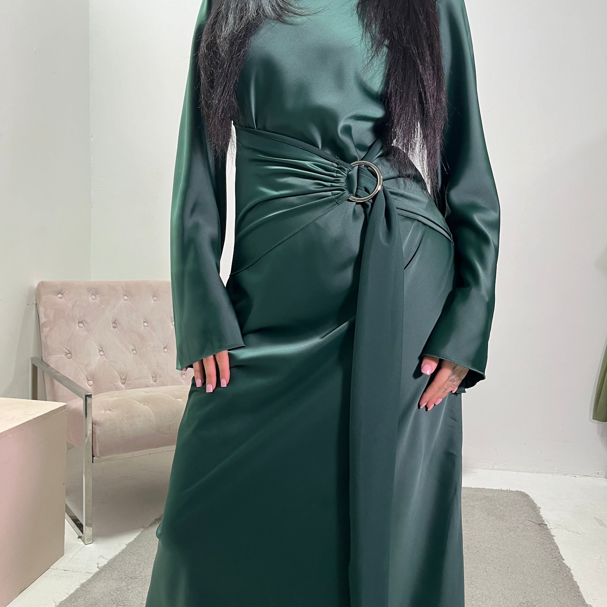 Keya Emerald Green Satin Ring Buckle Modest Dress House Of Haniya Keya Emerald Green Satin Ring Buckle Modest Dress House Of Haniya