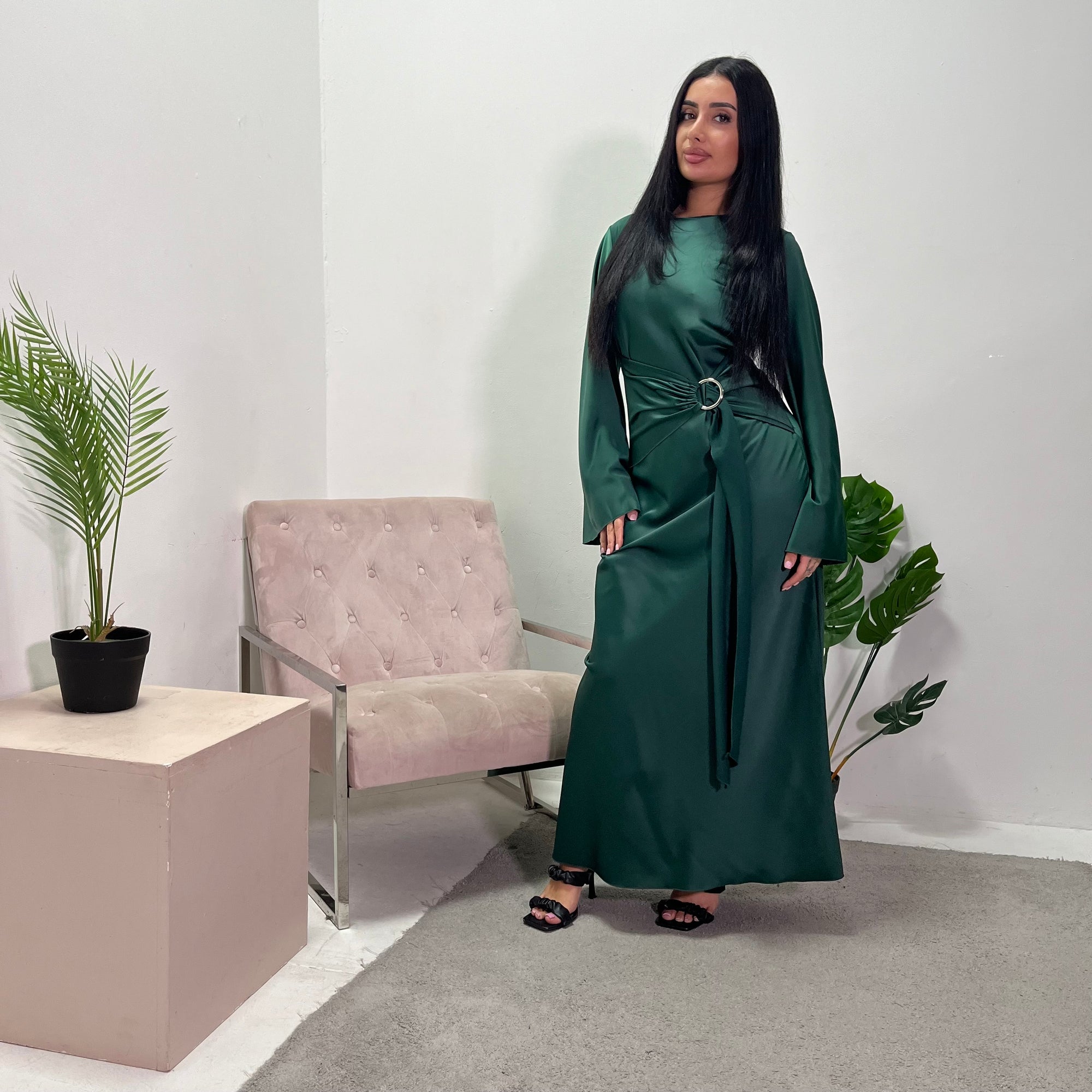 Keya Emerald Green Satin Ring Buckle Modest Dress House Of Haniya Keya Emerald Green Satin Ring Buckle Modest Dress House Of Haniya