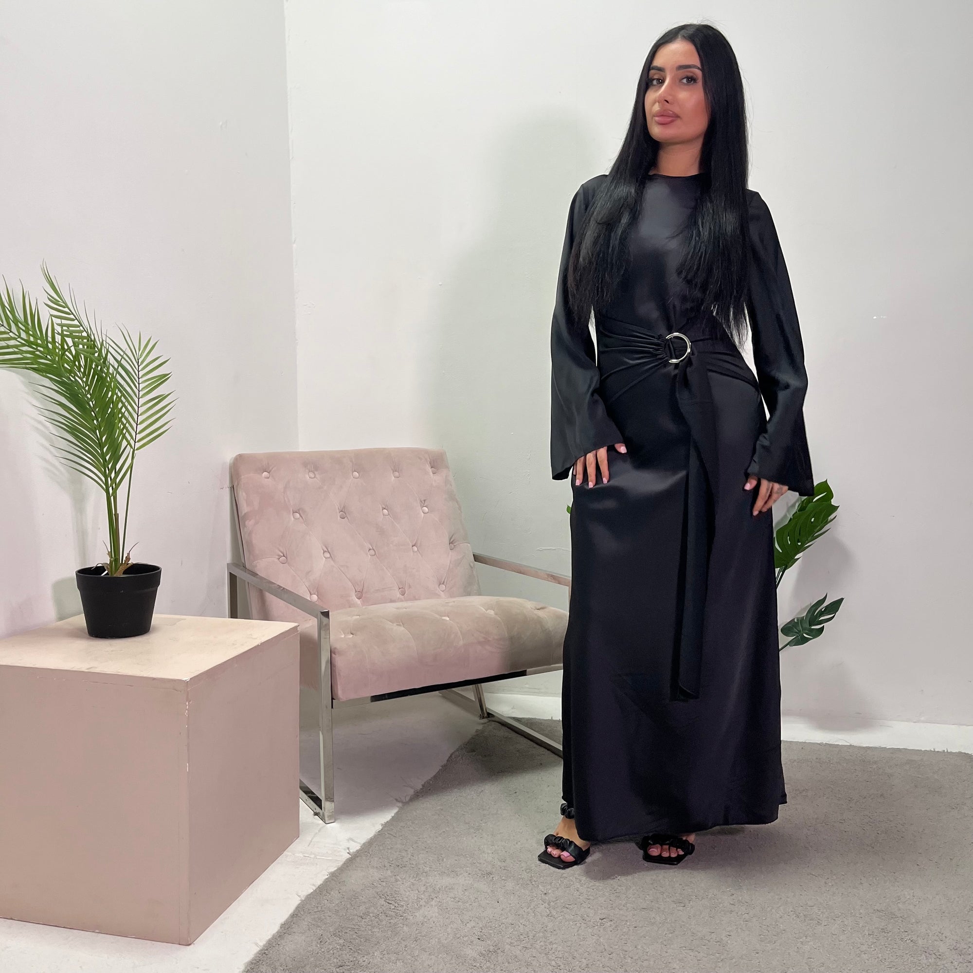 modest black satin dress Keya Black Satin Ring Buckle Modest Dress House Of Haniya
