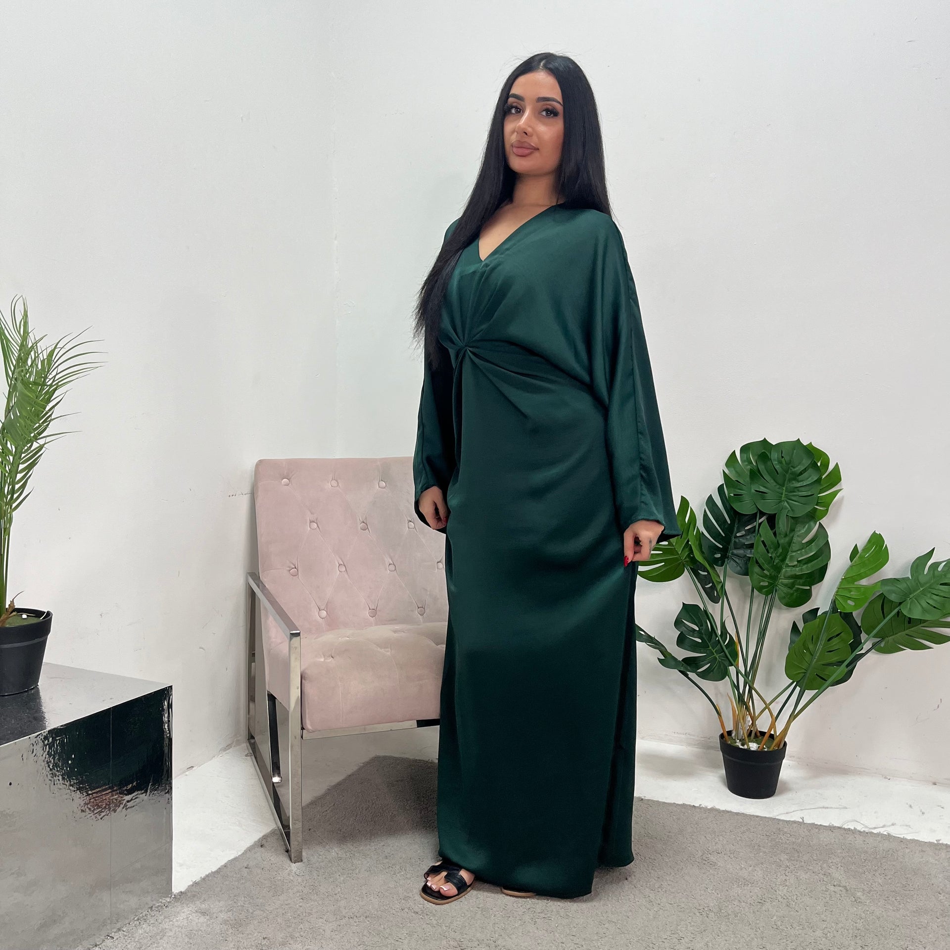 Classy Elegant Modest Dresses Aleah Emerald Green Plain Front Knot Modest  Dress  House Of Haniya