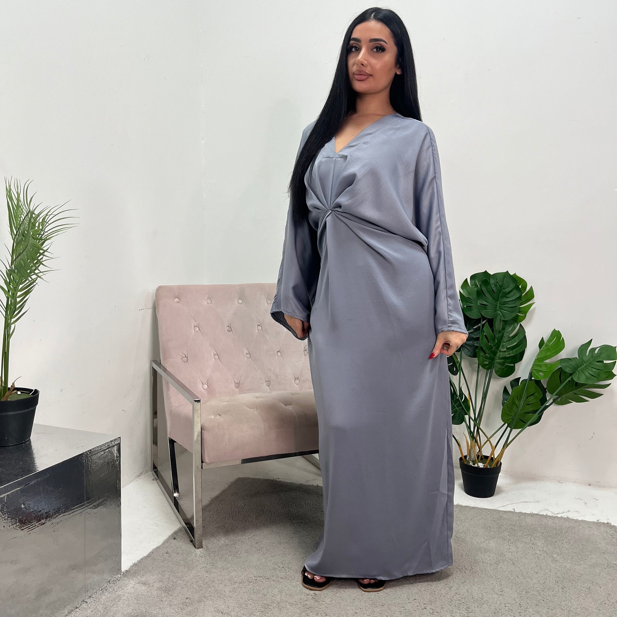 Aleah Grey Plain Front Knot Modest Dress House Of Haniya Aleah Grey Plain Front Knot Modest Dress House Of Haniya