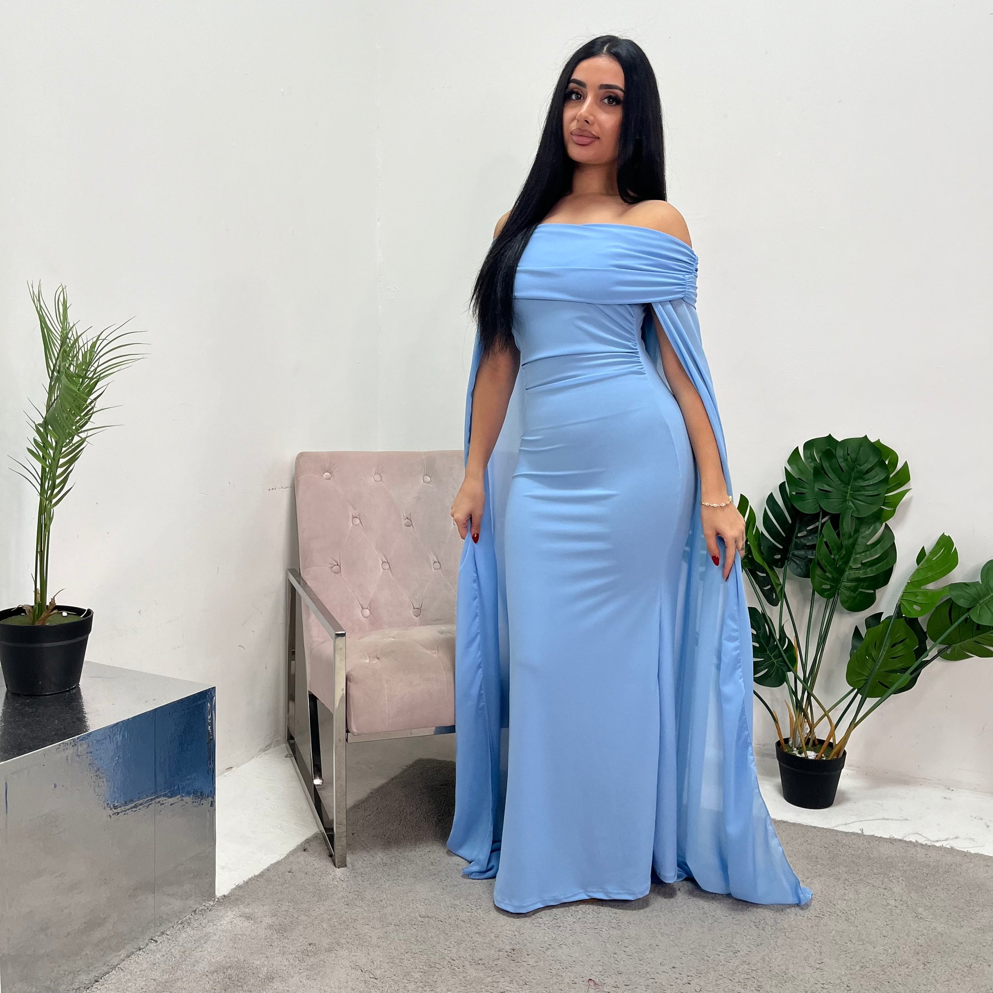 pale blue off shoulder mesh maxi dress Macie Blue Mesh Maxi Dress - US 2