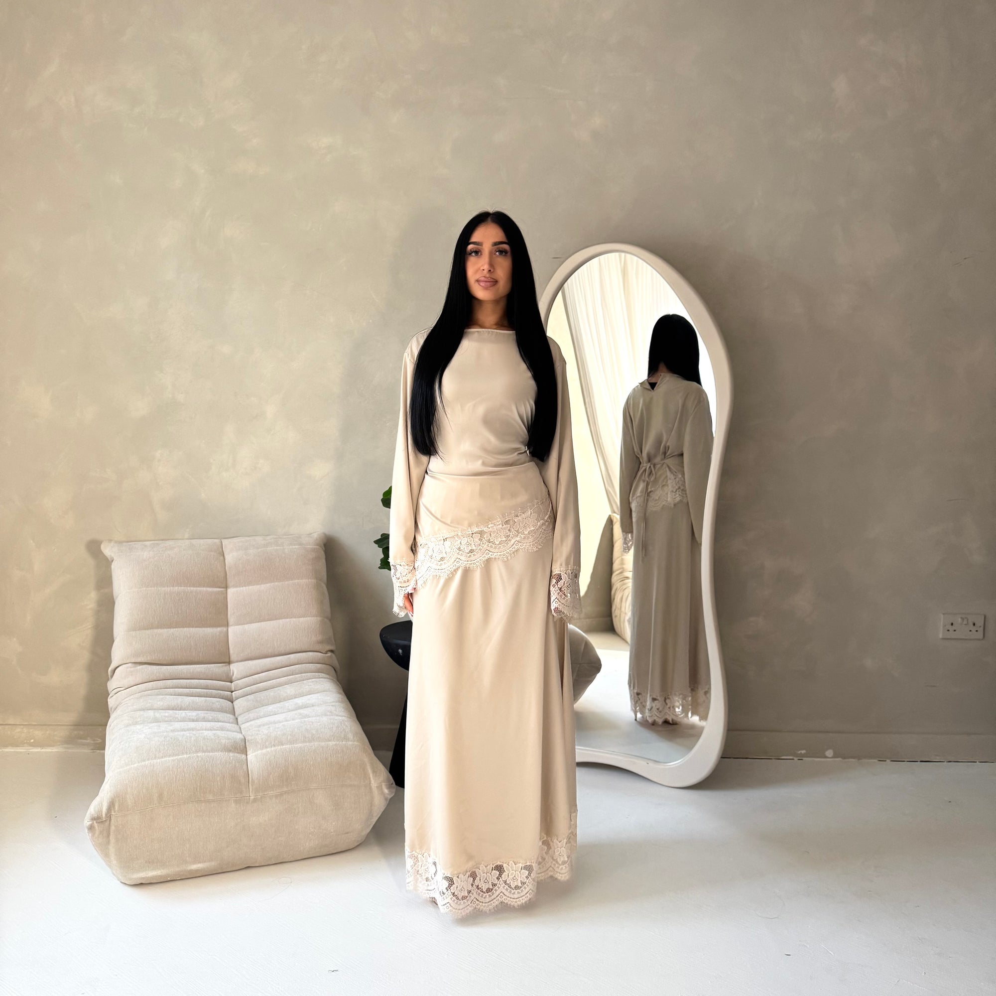 Myrah Beige Lace Detail Modest Skirt Co Ord Set