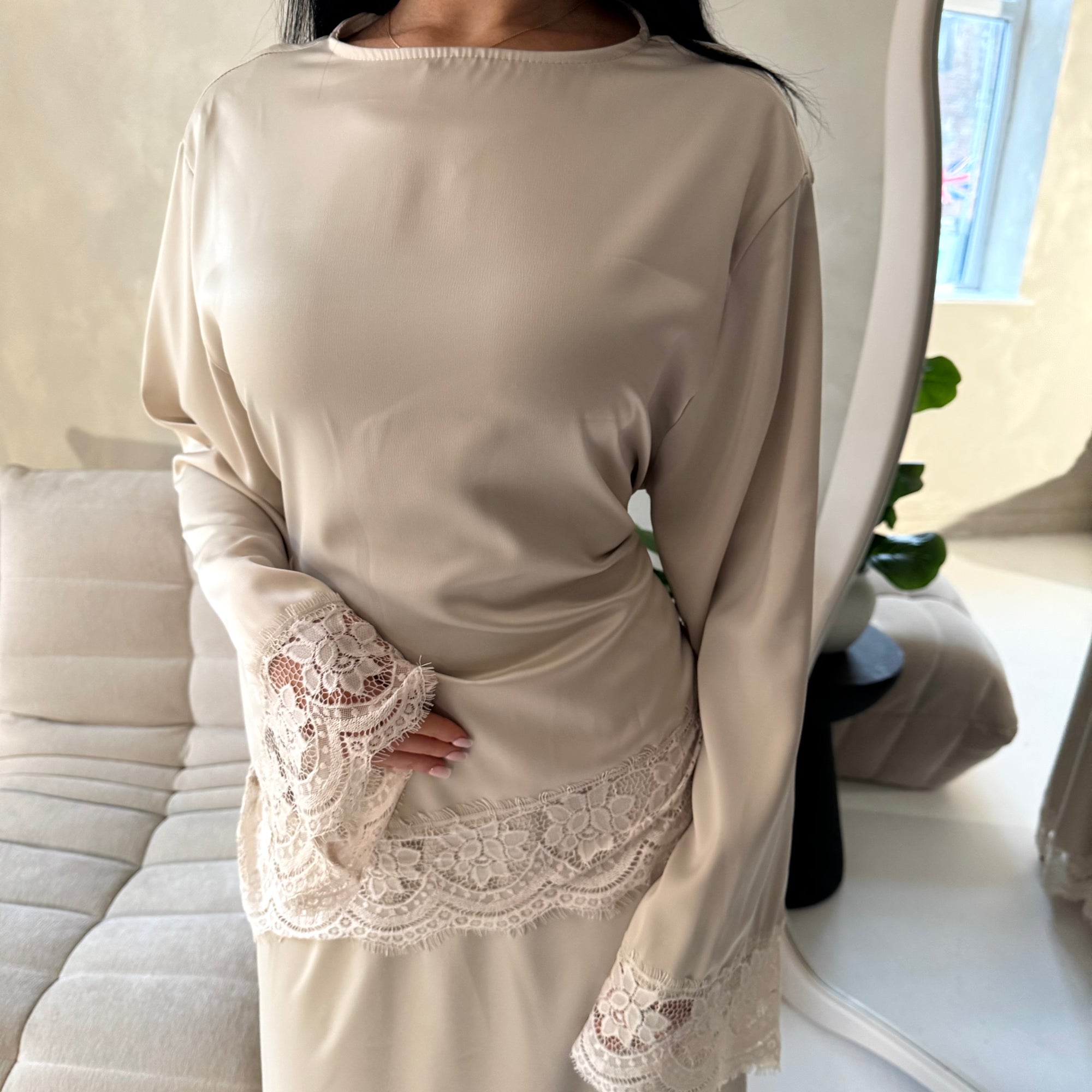 Myrah Beige Lace Detail Modest Skirt Co Ord Set