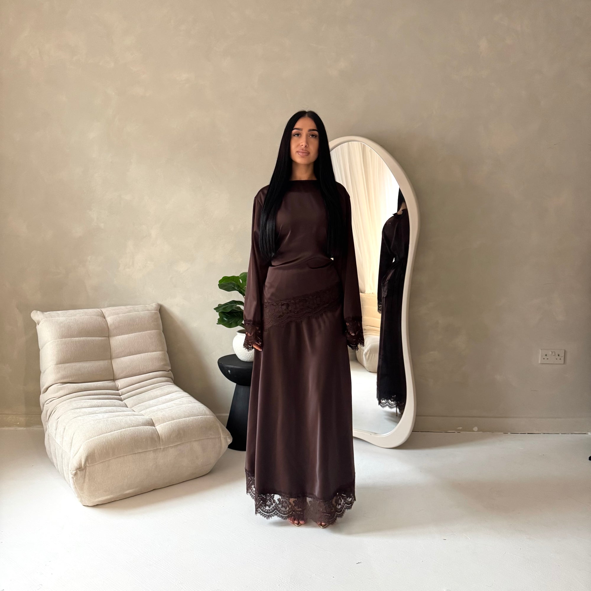 Myrah Brown Lace Detail Modest Skirt Co Ord Set