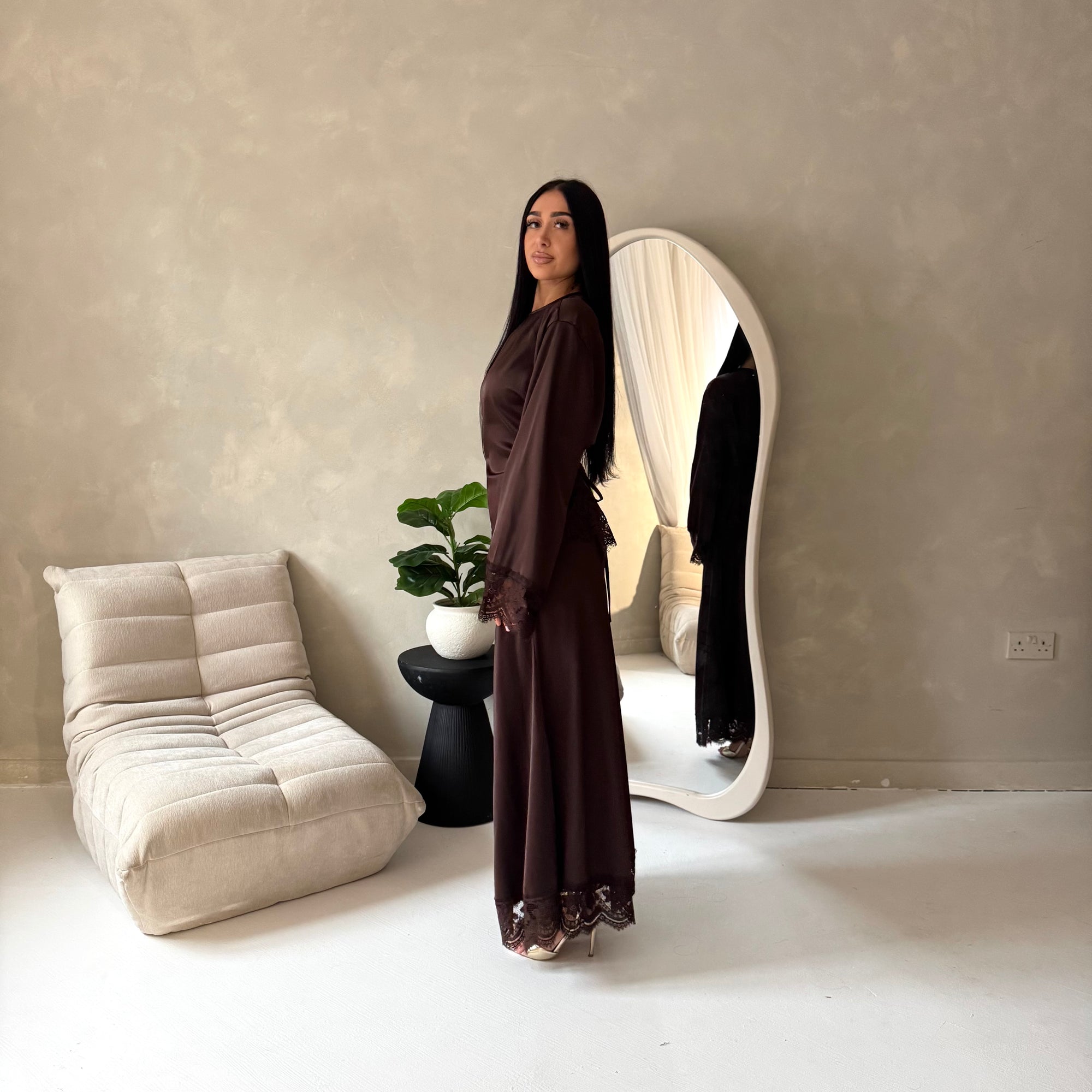 Myrah Brown Lace Detail Modest Skirt Co Ord Set