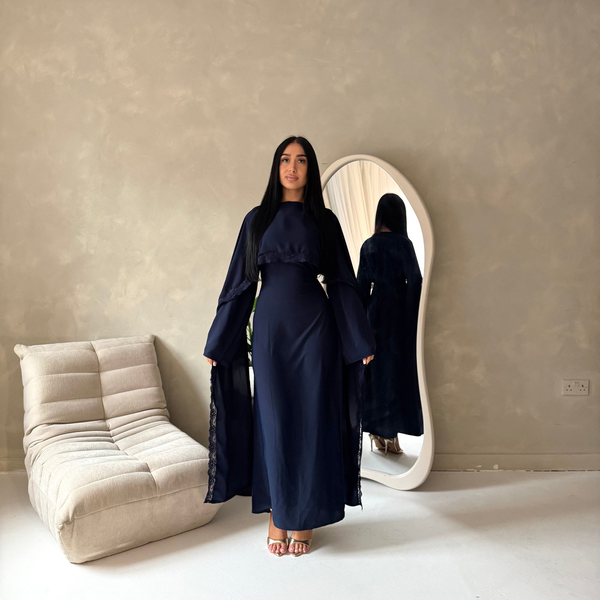 Fia Navy Lace Trim Detail Modest Tie Back Dress