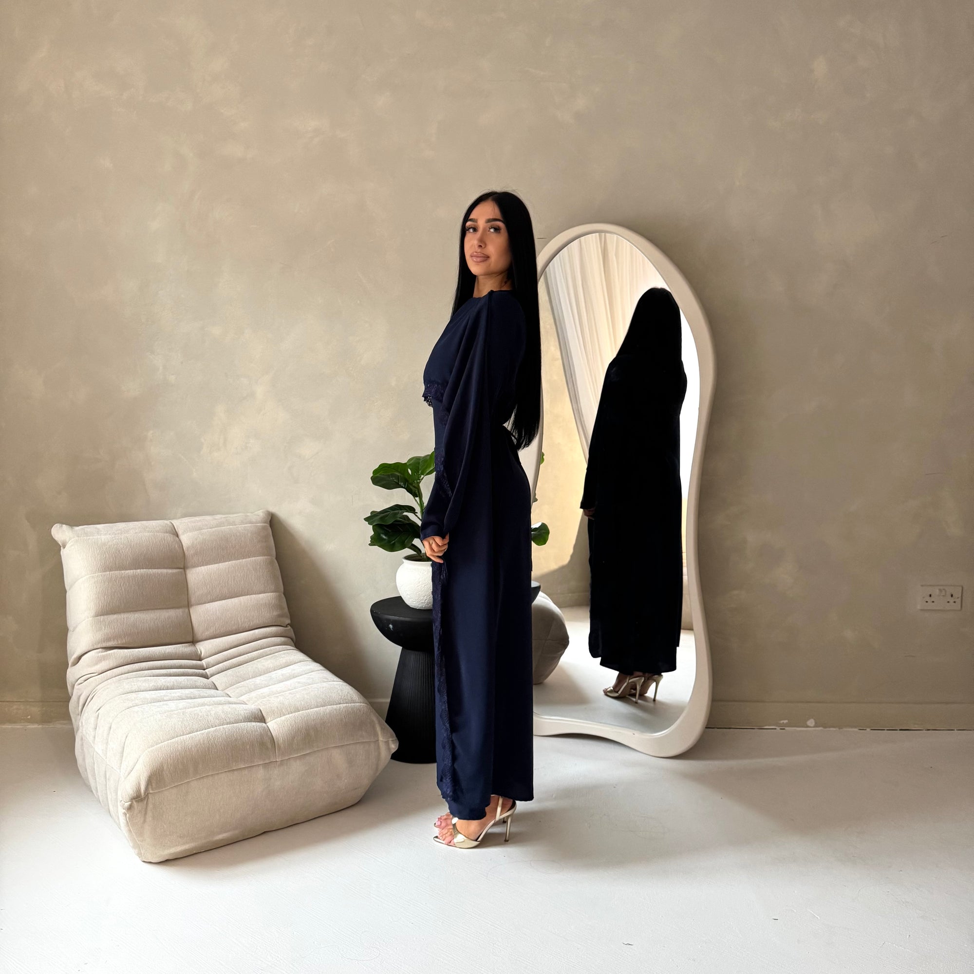 Fia Navy Lace Trim Detail Modest Tie Back Dress