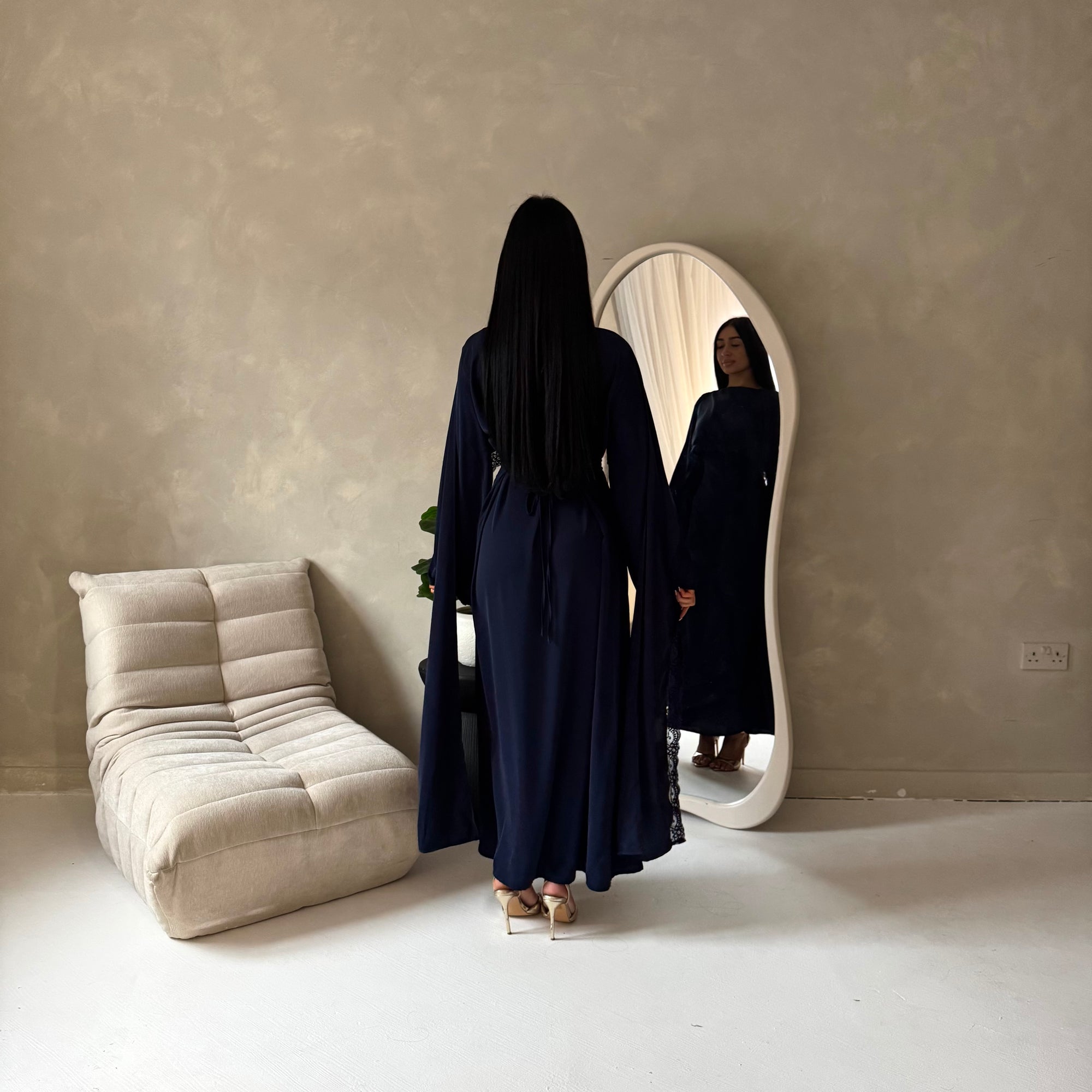 Fia Navy Lace Trim Detail Modest Tie Back Dress