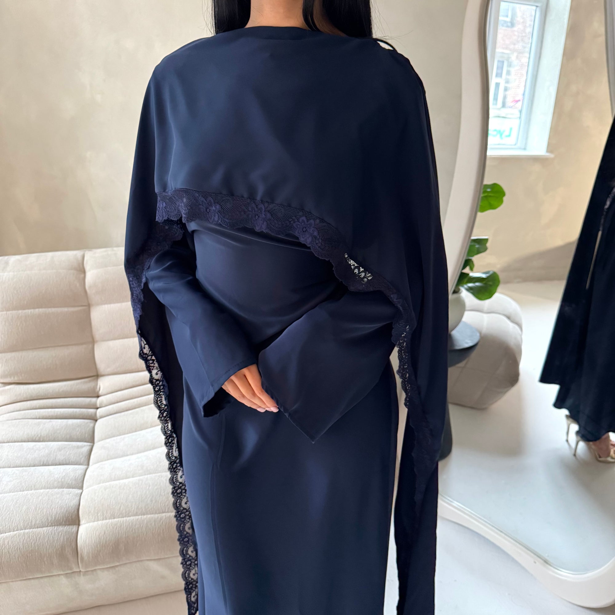 Fia Navy Lace Trim Detail Modest Tie Back Dress