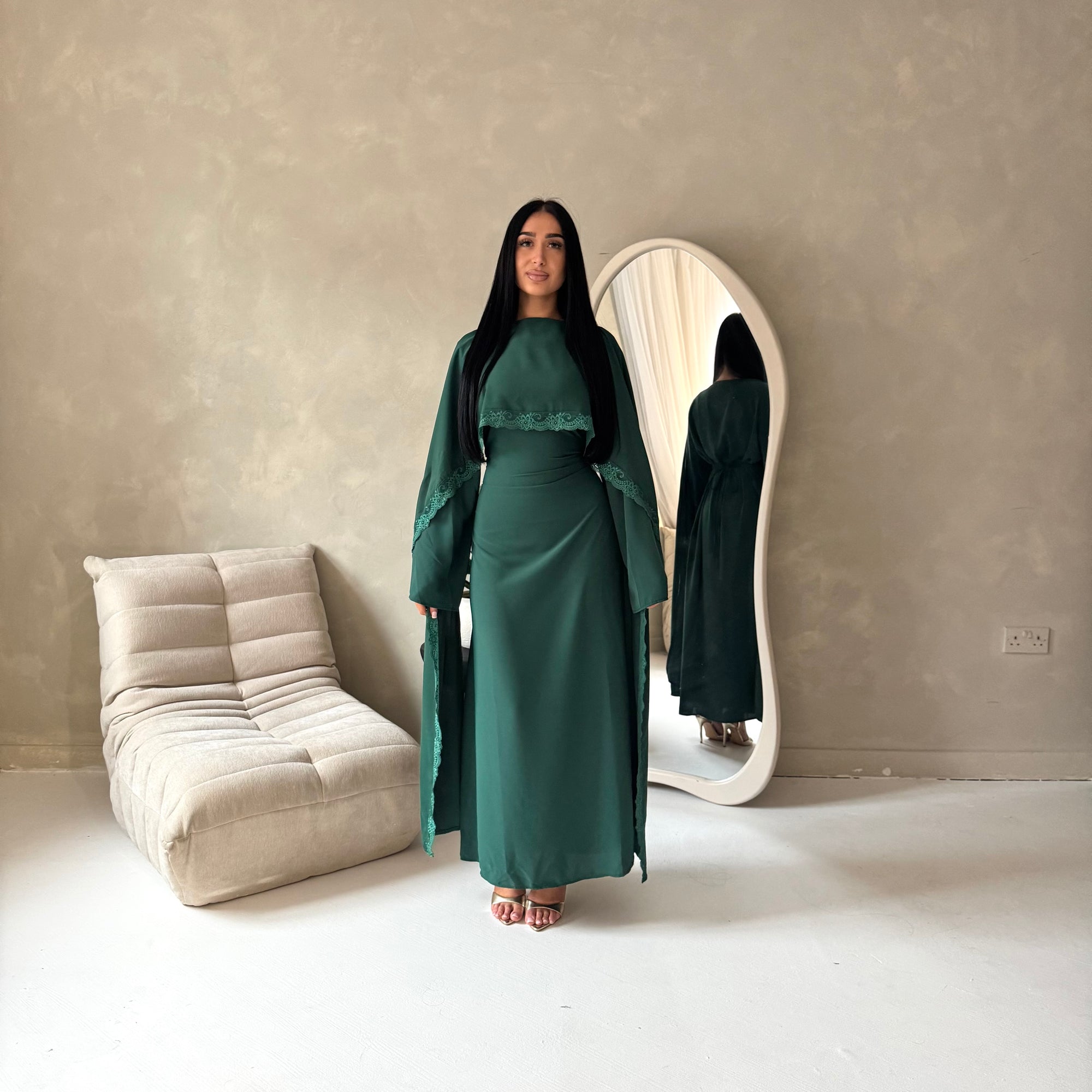 Fia Emerald Green Lace Trim Detail Modest Tie Back Dress