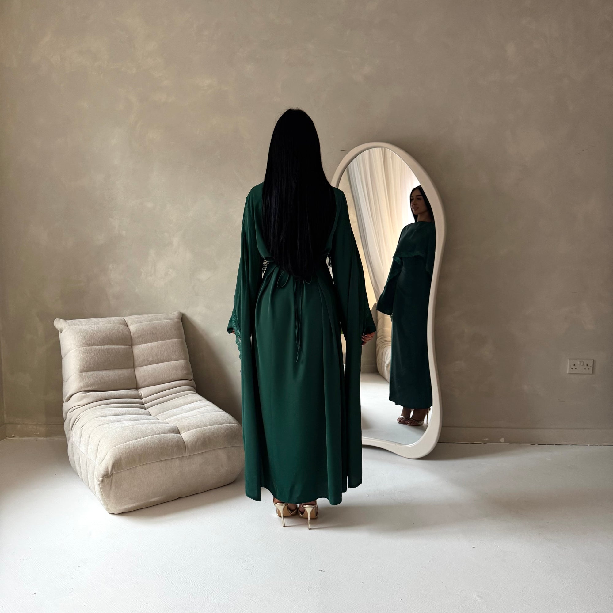 Fia Emerald Green Lace Trim Detail Modest Tie Back Dress