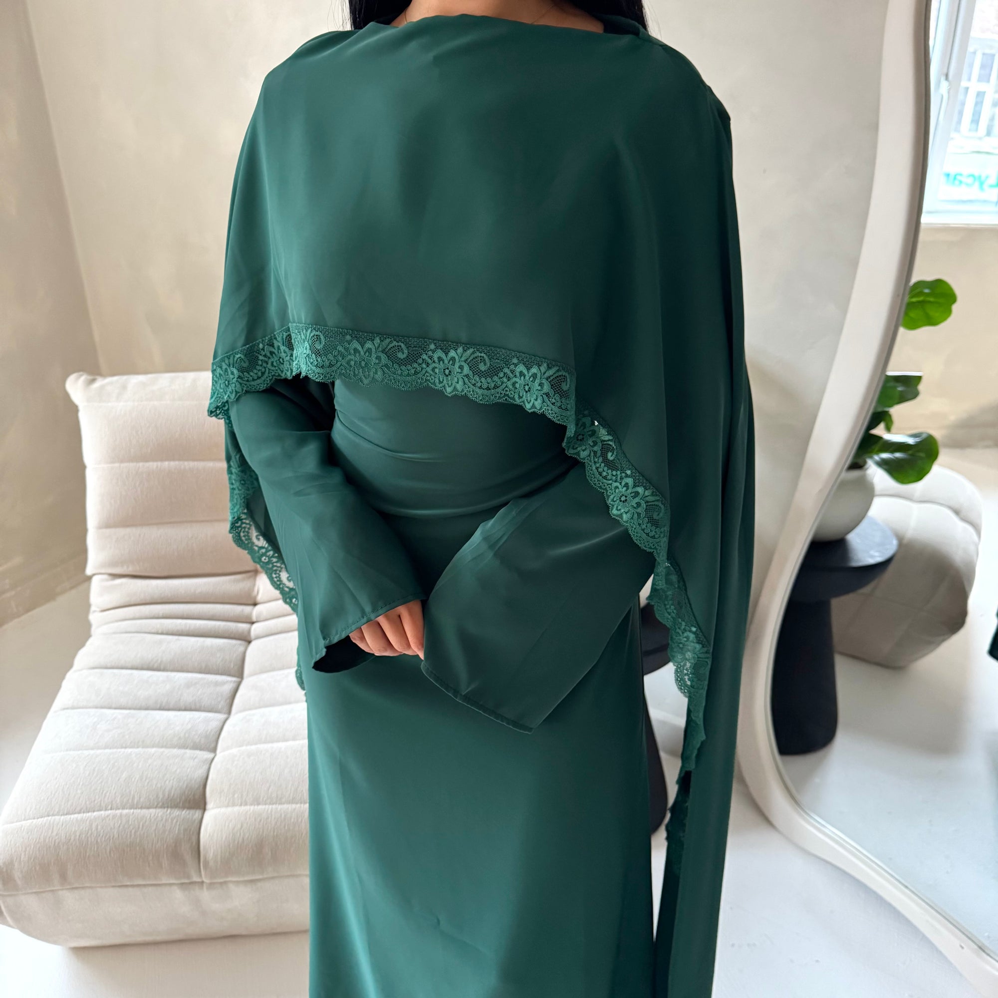 Fia Emerald Green Lace Trim Detail Modest Tie Back Dress
