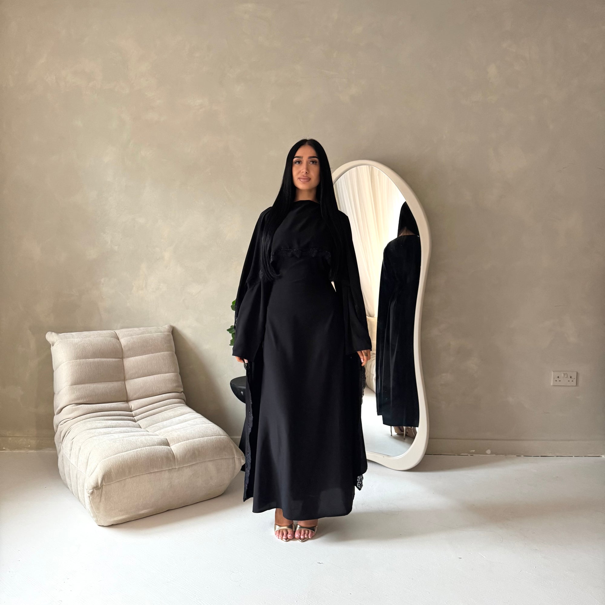 Fia Black (Black Lace) Lace Trim Detail Modest Tie Back Dress