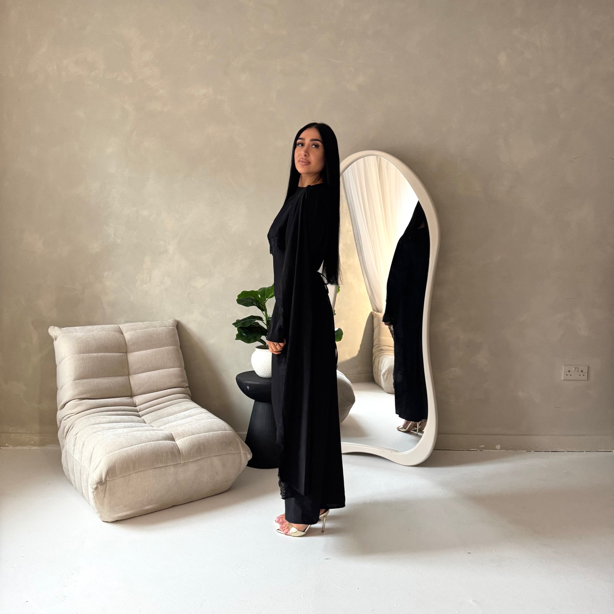 Fia Black (Black Lace) Lace Trim Detail Modest Tie Back Dress