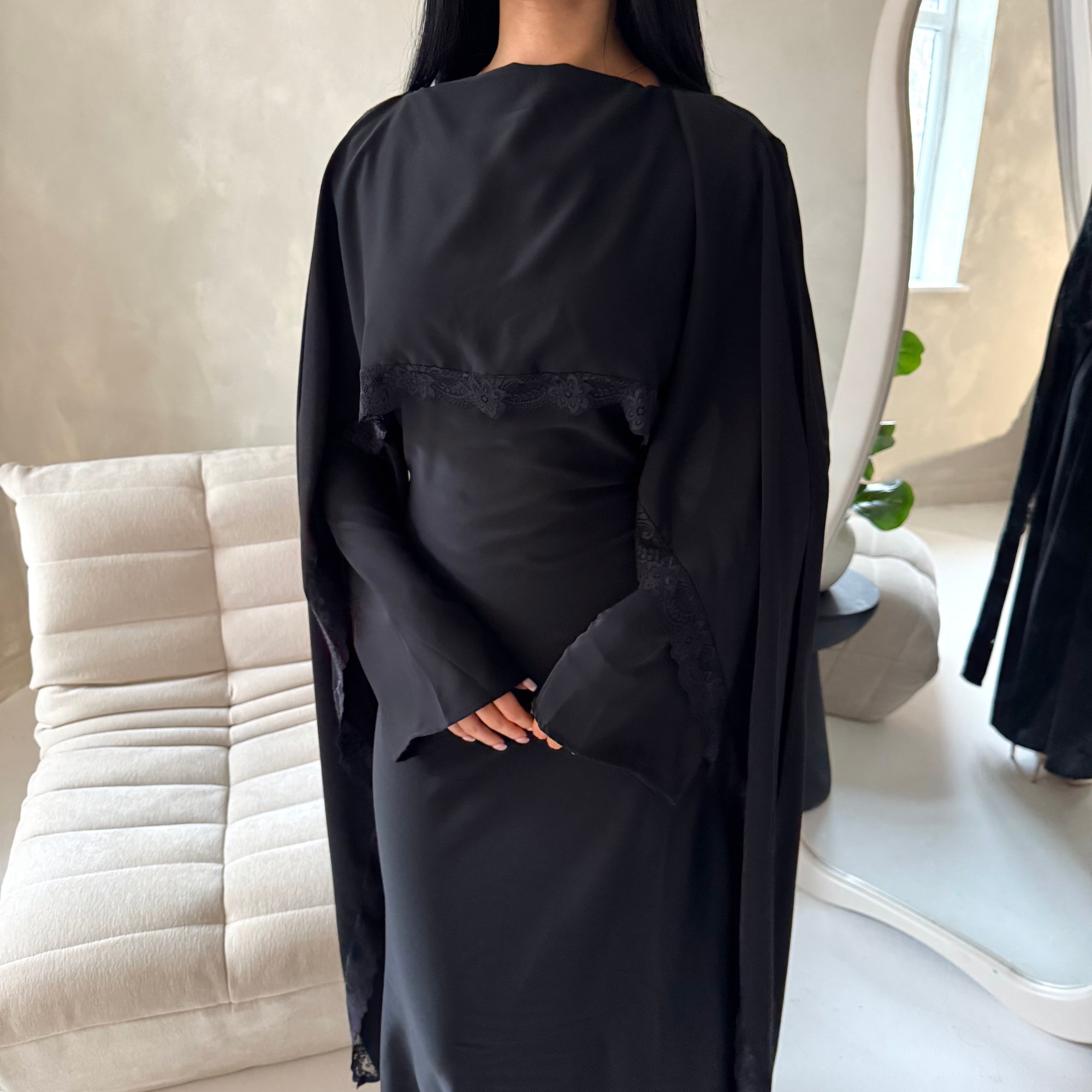 Fia Black (Black Lace) Lace Trim Detail Modest Tie Back Dress