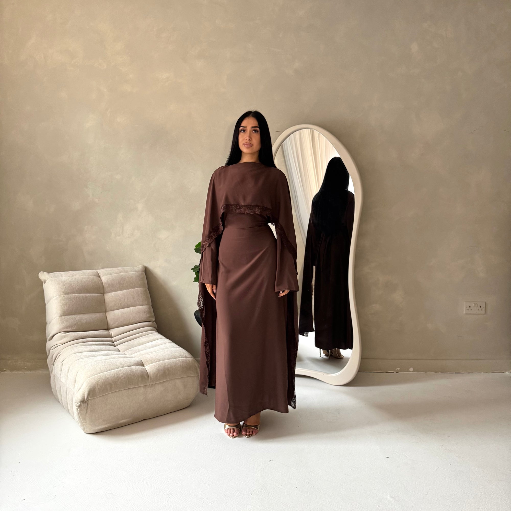 Fia Brown Lace Trim Detail Modest Tie Back Dress