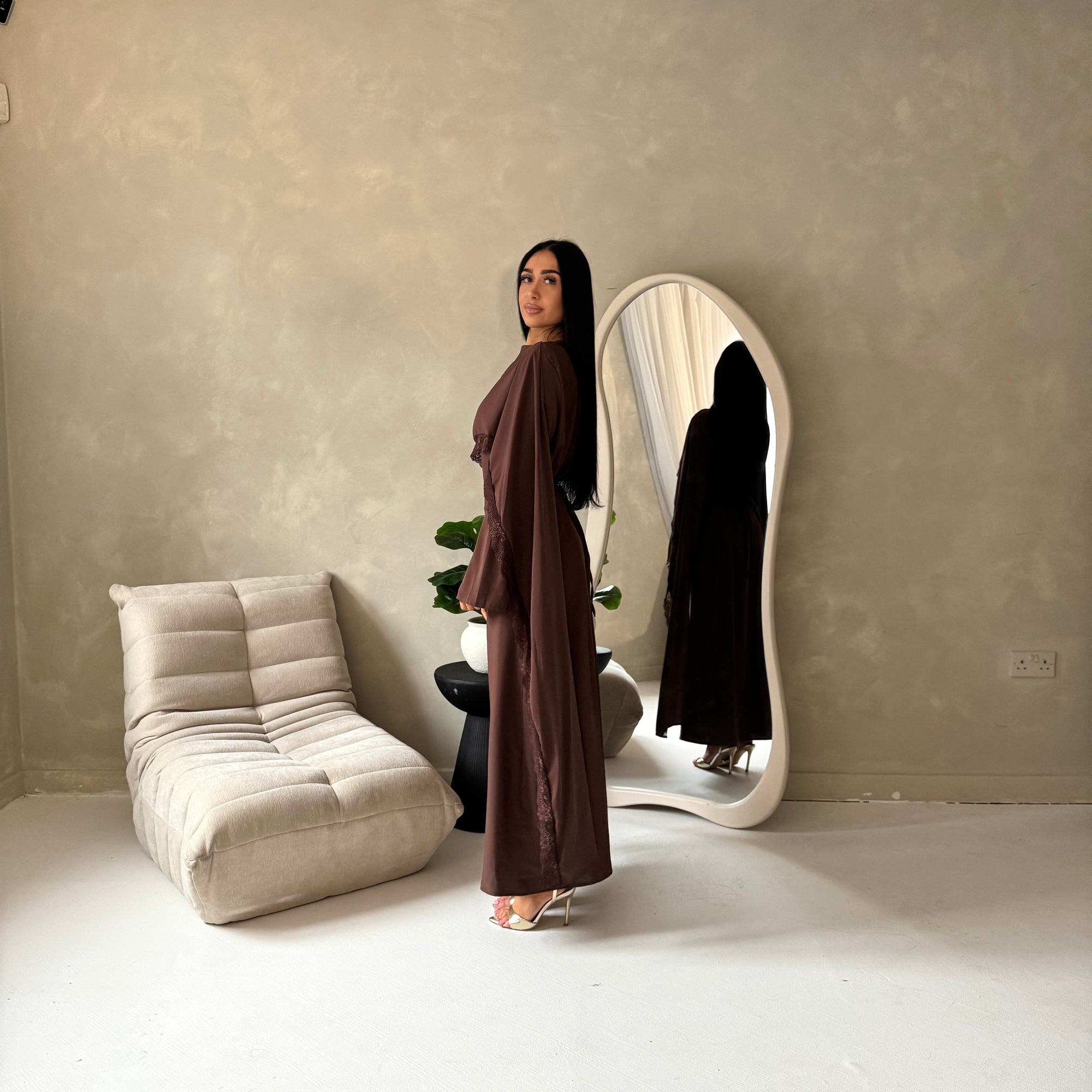 Fia Brown Lace Trim Detail Modest Tie Back Dress