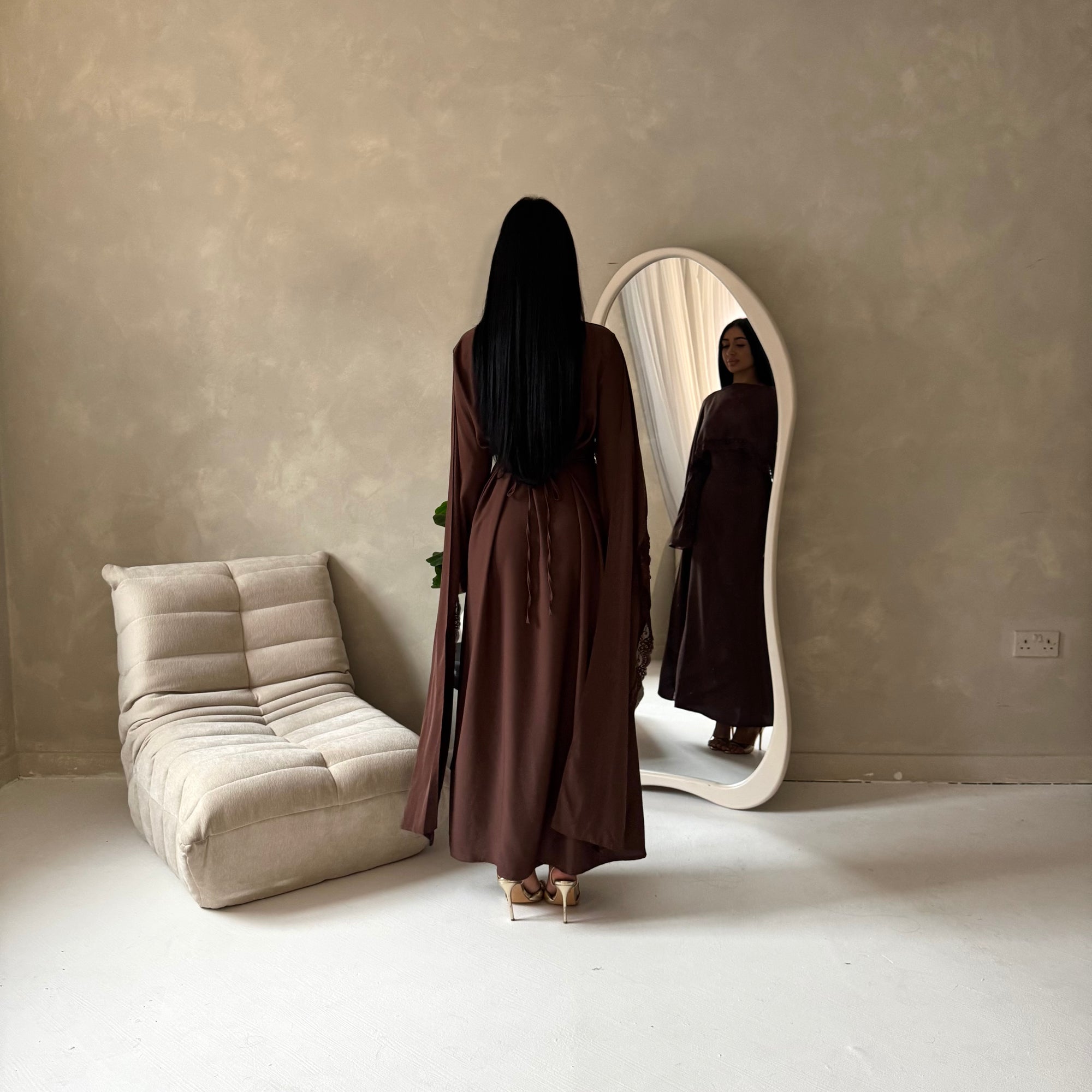 Fia Brown Lace Trim Detail Modest Tie Back Dress