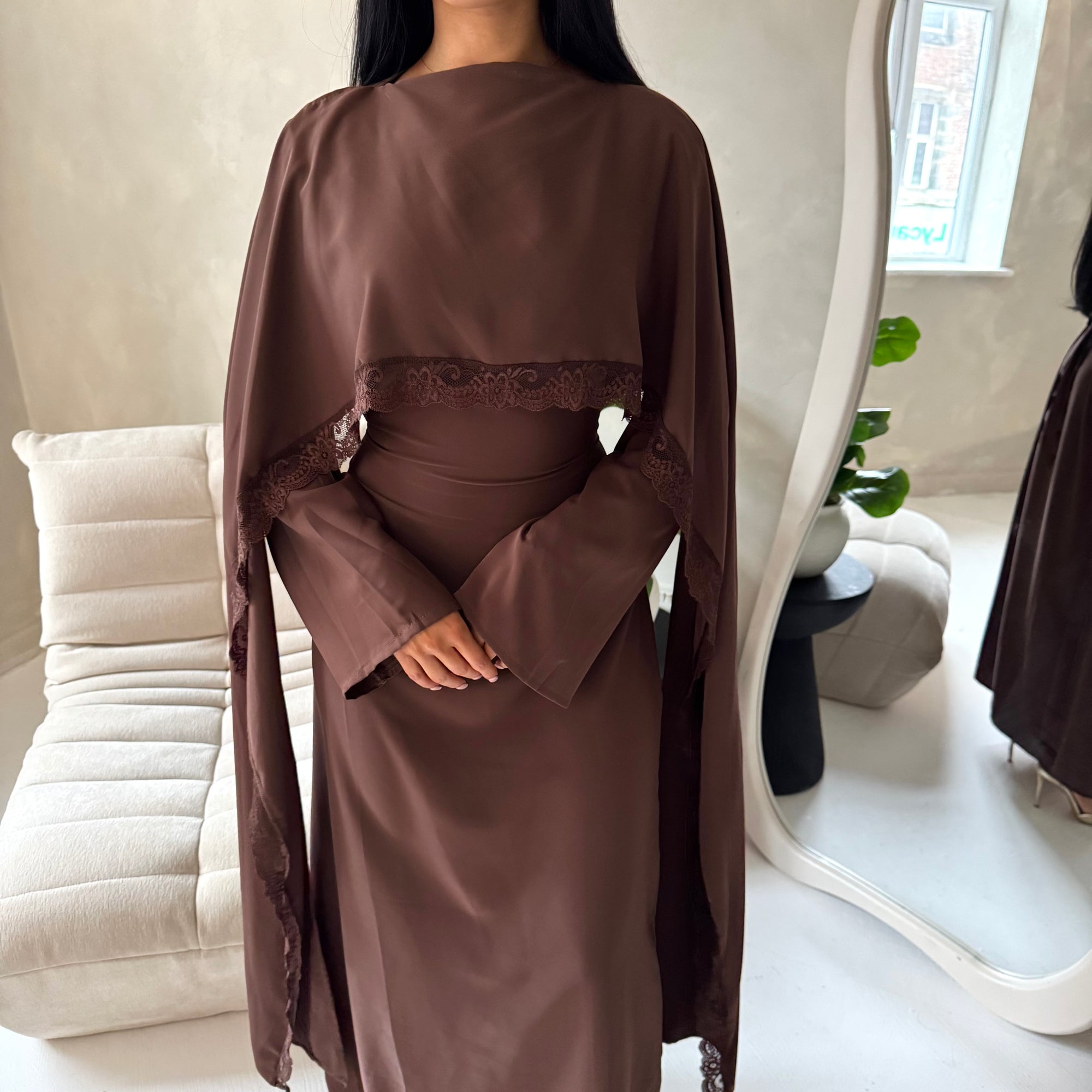 Fia Brown Lace Trim Detail Modest Tie Back Dress