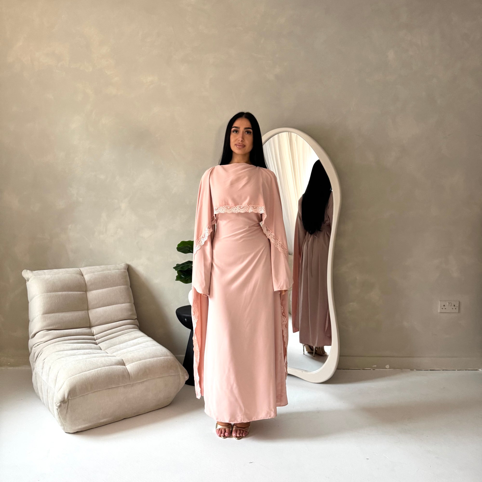 Fia Pink Lace Trim Detail Modest Tie Back Dress