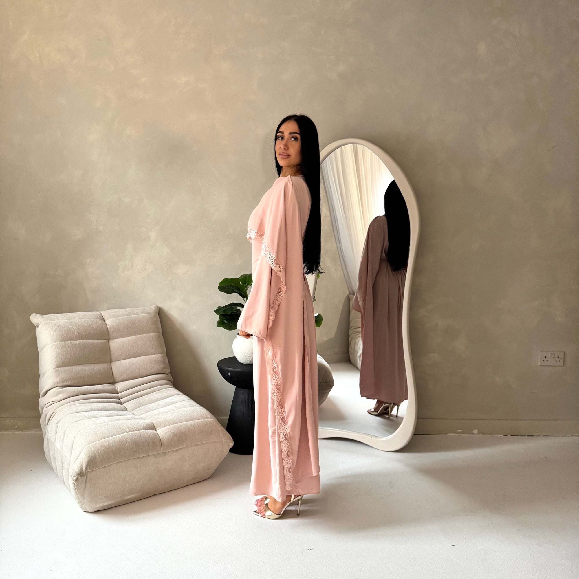 Fia Pink Lace Trim Detail Modest Tie Back Dress