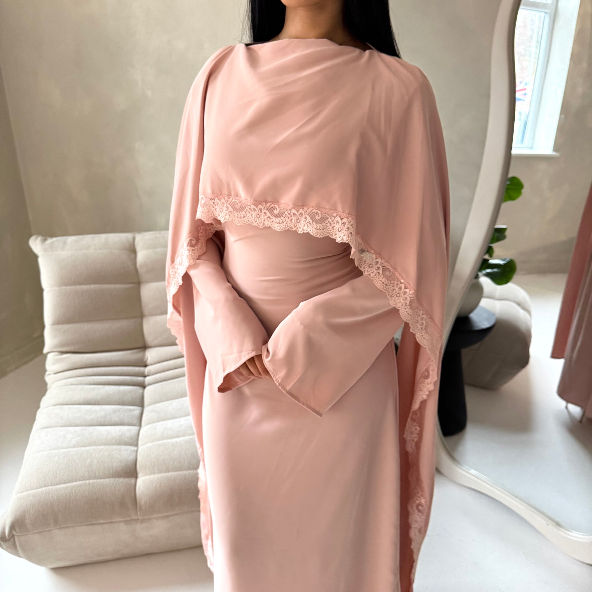 Fia Pink Lace Trim Detail Modest Tie Back Dress