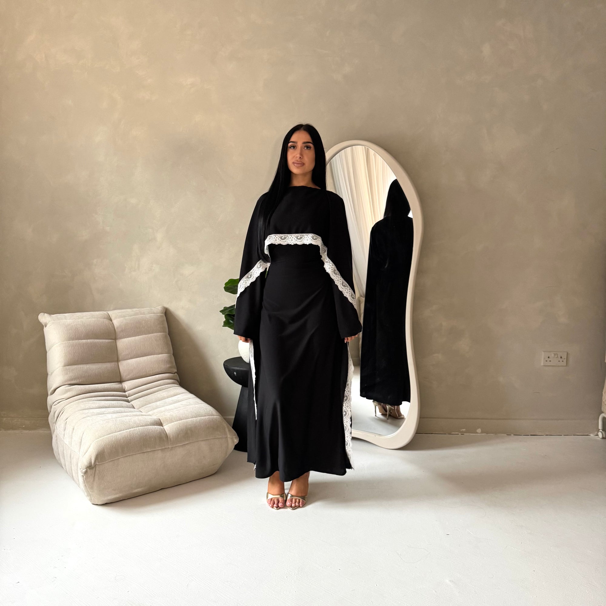 Fia Black (White Lace) Lace Trim Detail Modest Tie Back Dress