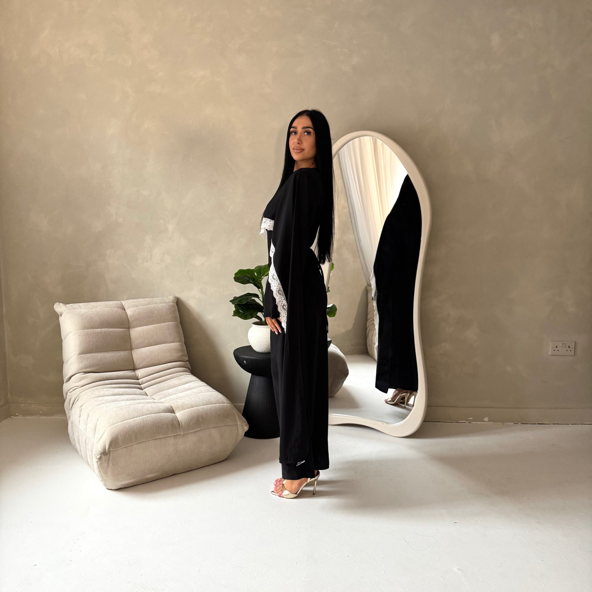 Fia Black (White Lace) Lace Trim Detail Modest Tie Back Dress