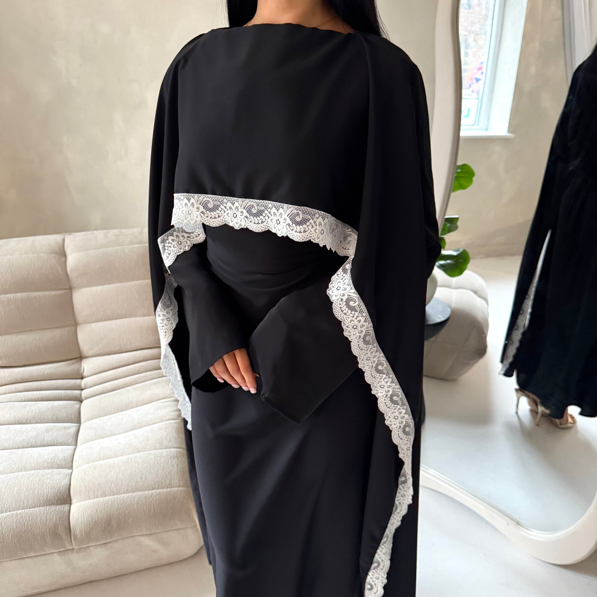 Fia Black (White Lace) Lace Trim Detail Modest Tie Back Dress