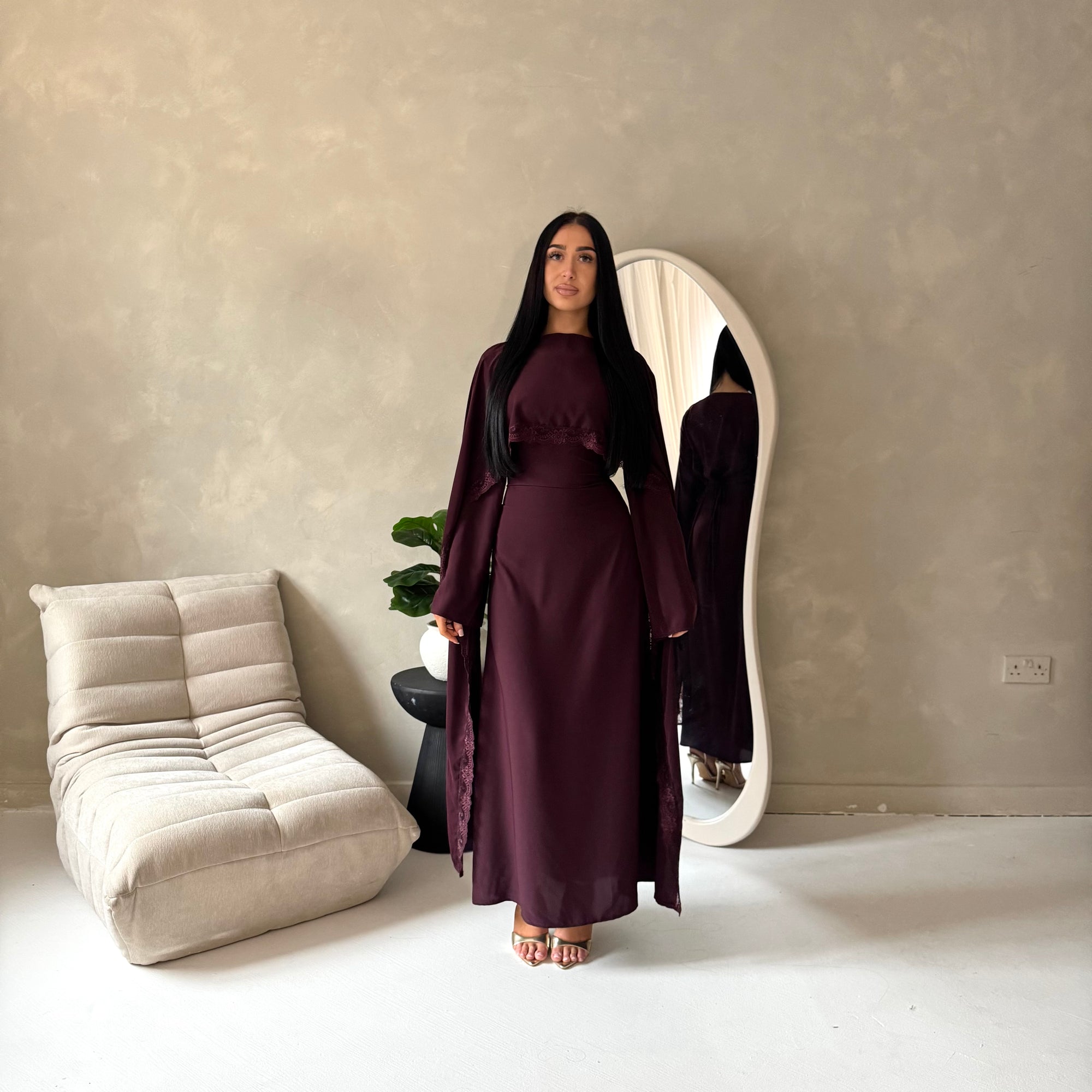 Fia Plum Lace Trim Detail Modest Tie Back Dress