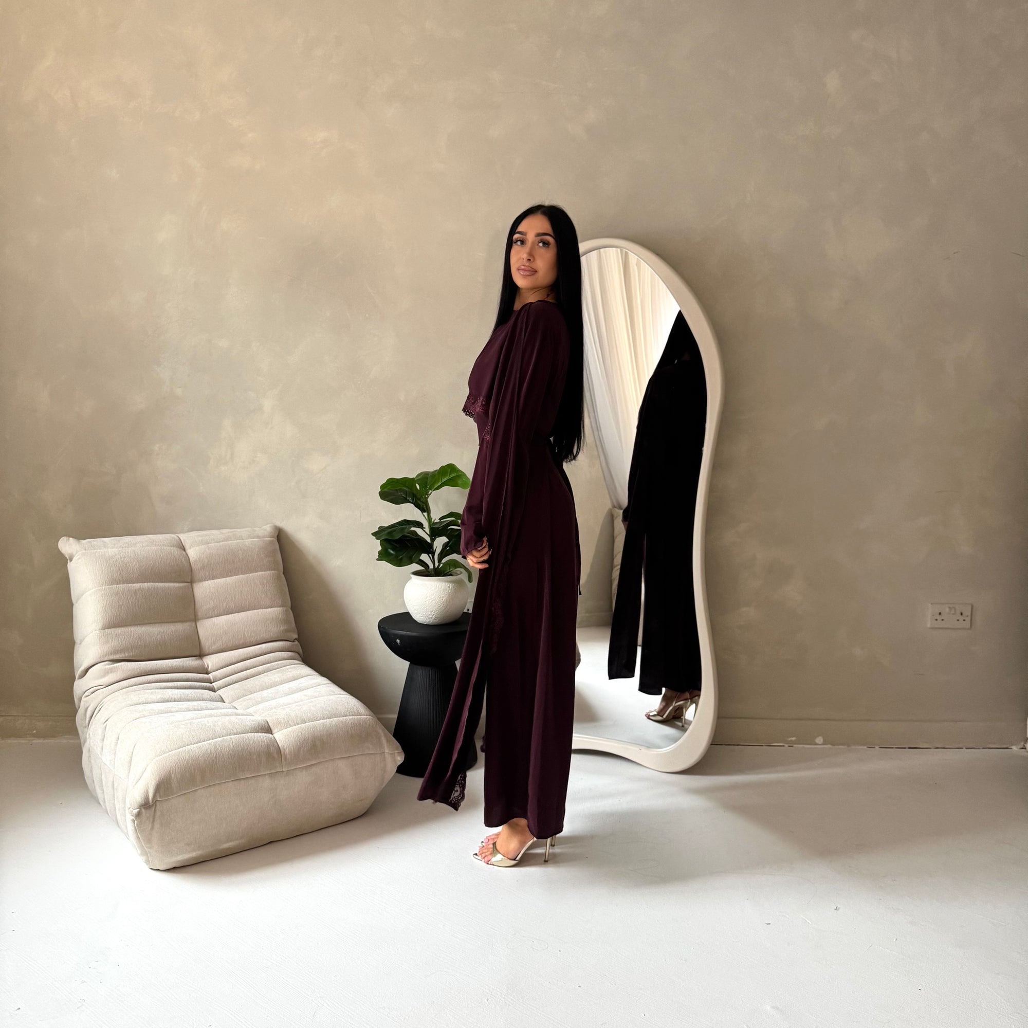 Fia Plum Lace Trim Detail Modest Tie Back Dress