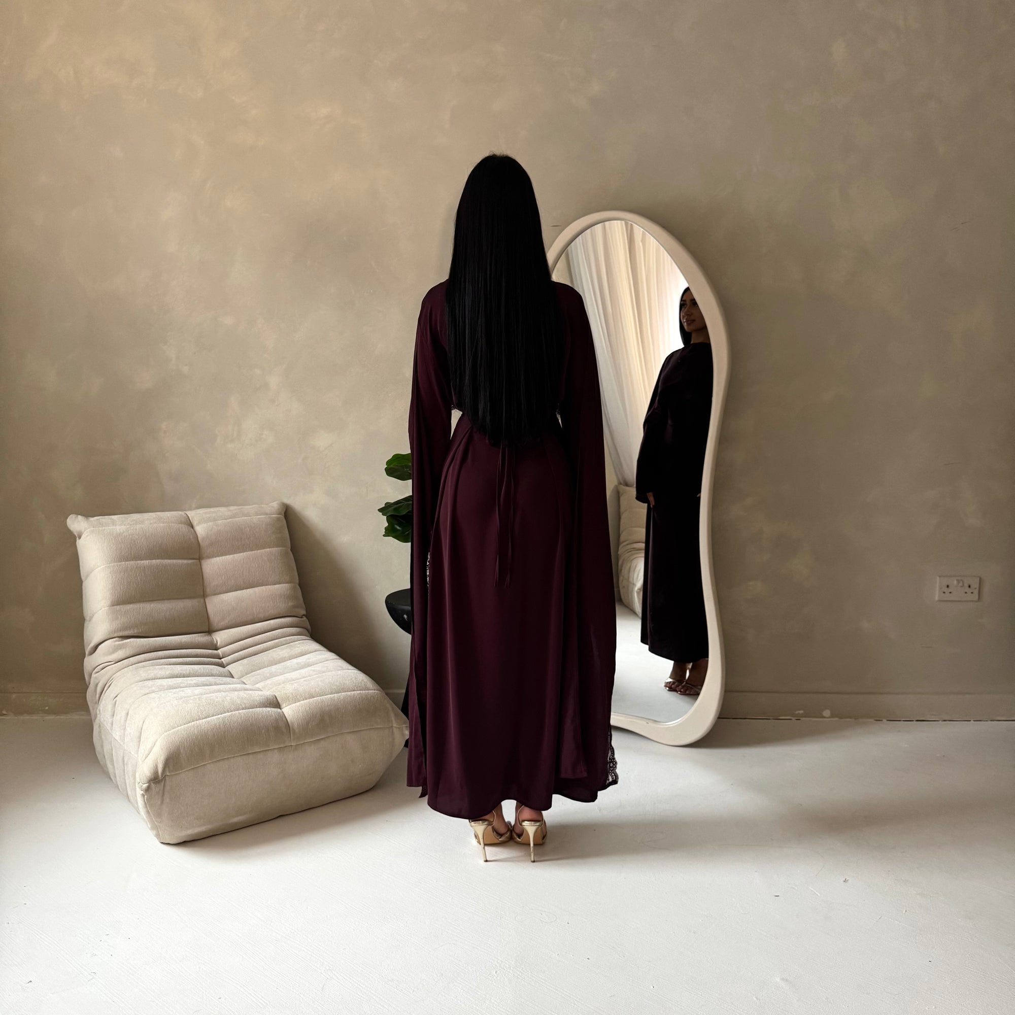 Fia Plum Lace Trim Detail Modest Tie Back Dress