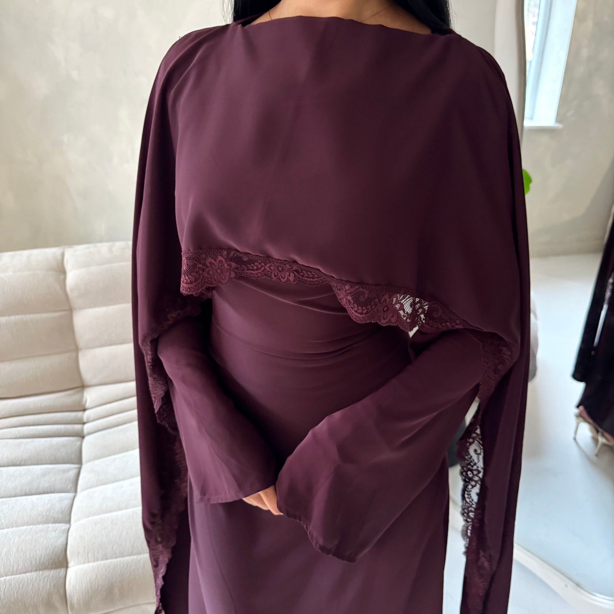 Fia Plum Lace Trim Detail Modest Tie Back Dress