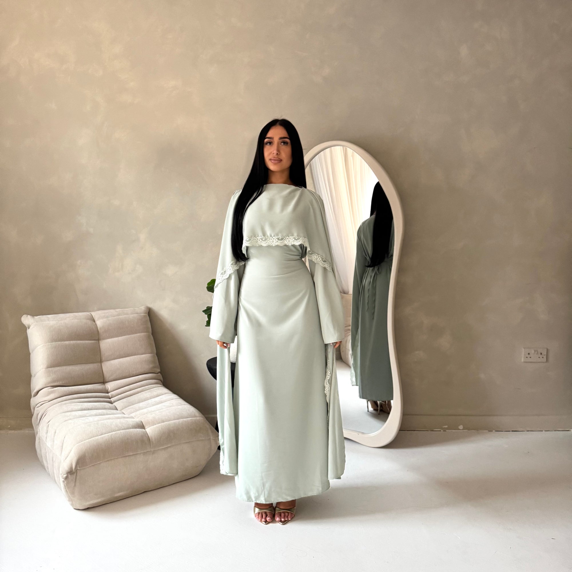 Fia Mint Lace Trim Detail Modest Tie Back Dress