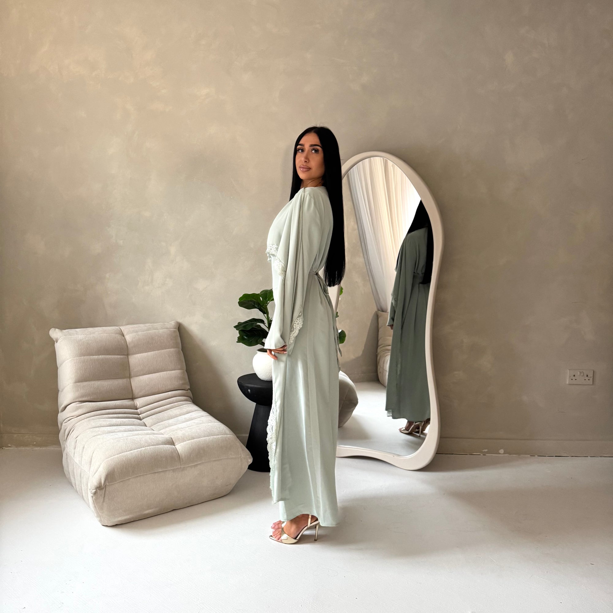 Fia Mint Lace Trim Detail Modest Tie Back Dress