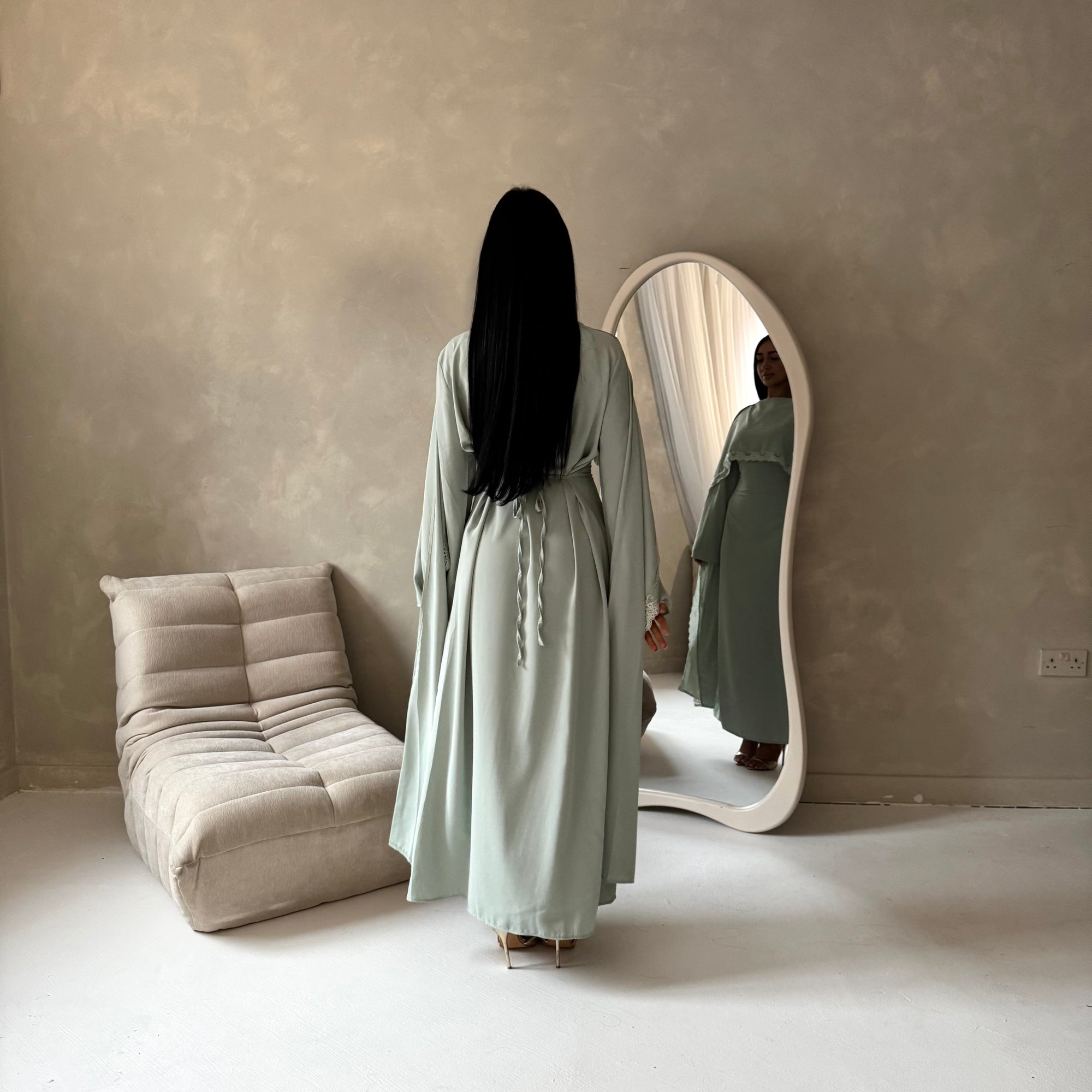 Fia Mint Lace Trim Detail Modest Tie Back Dress