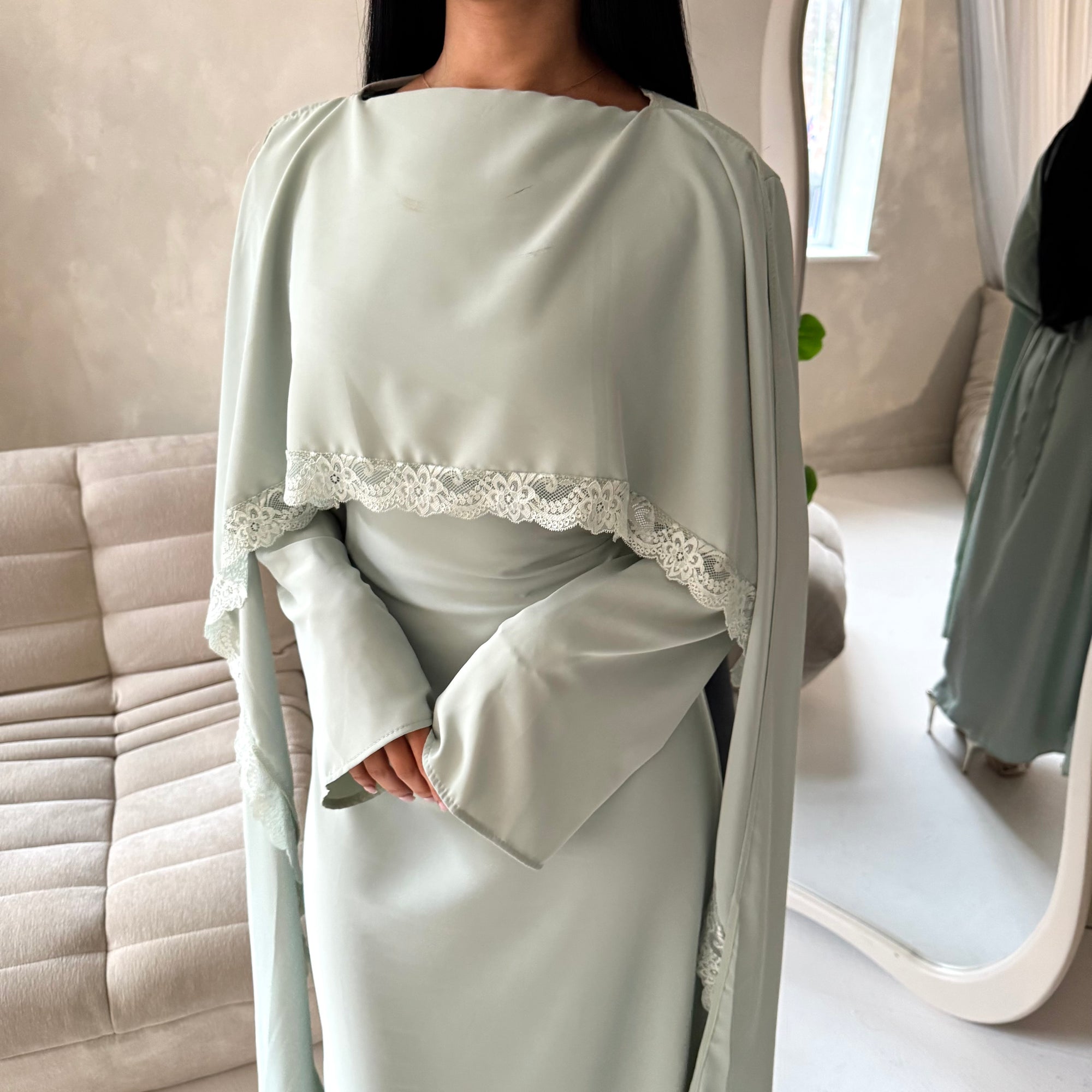 Fia Mint Lace Trim Detail Modest Tie Back Dress