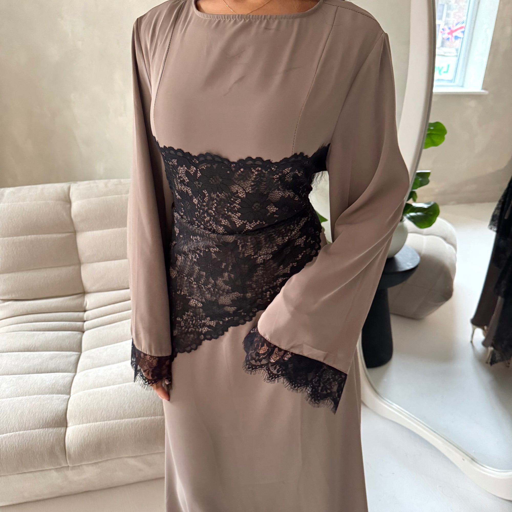 Luna Mocha Lace Detail Tie Back Modest Dress House Of Haniya Luna Mocha Lace Detail Tie Back Modest Dress House Of Haniya