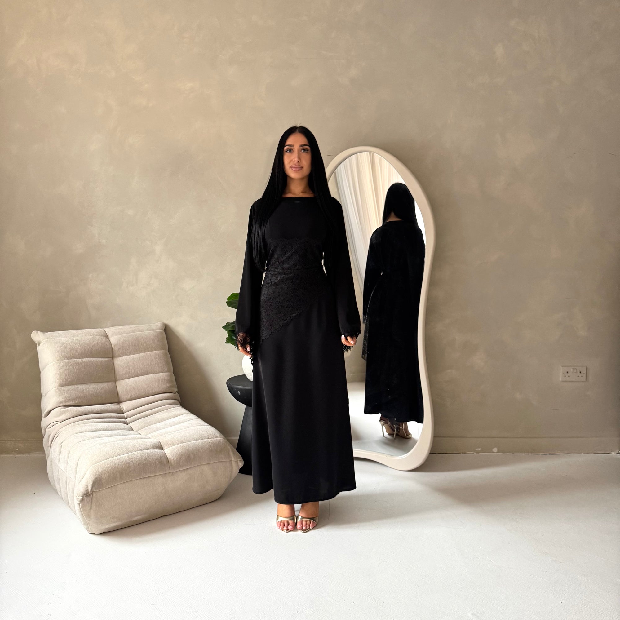 Luna Black(Black Lace) Lace Detail Tie Back Modest Dress