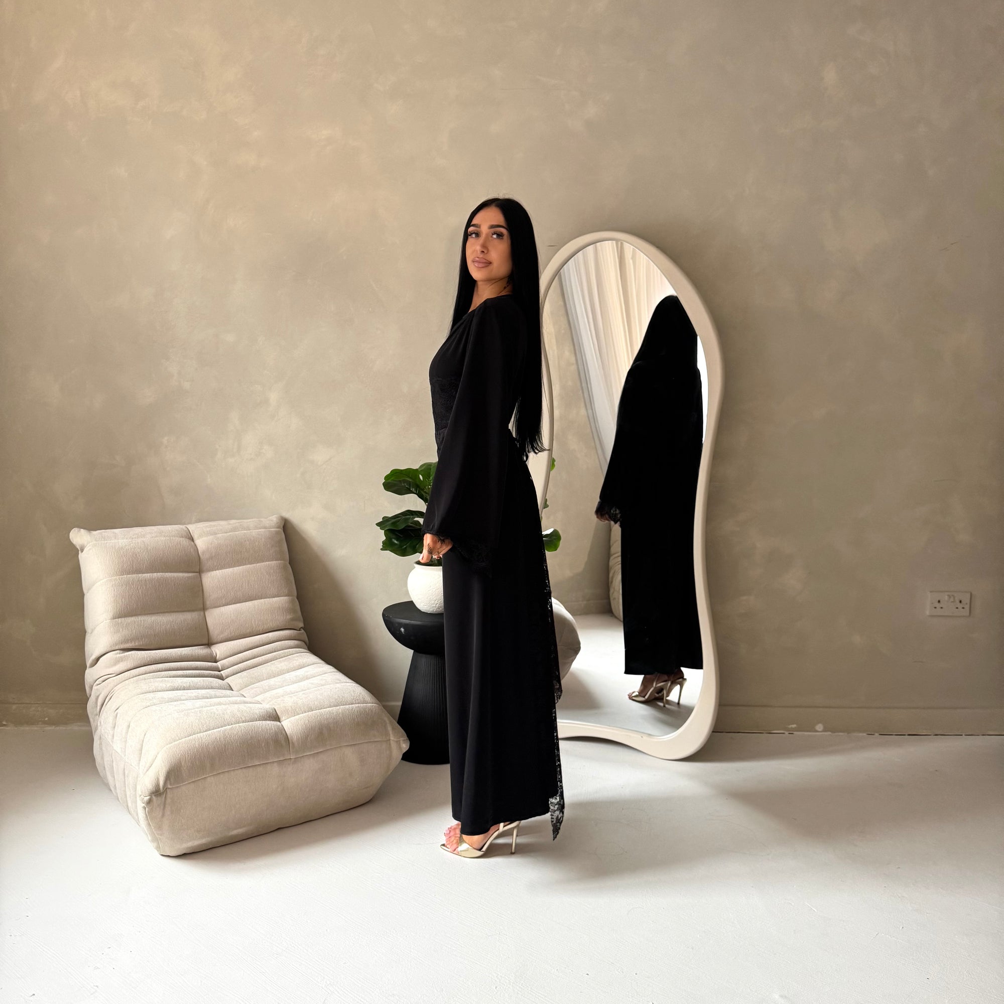 Luna Black(Black Lace) Lace Detail Tie Back Modest Dress