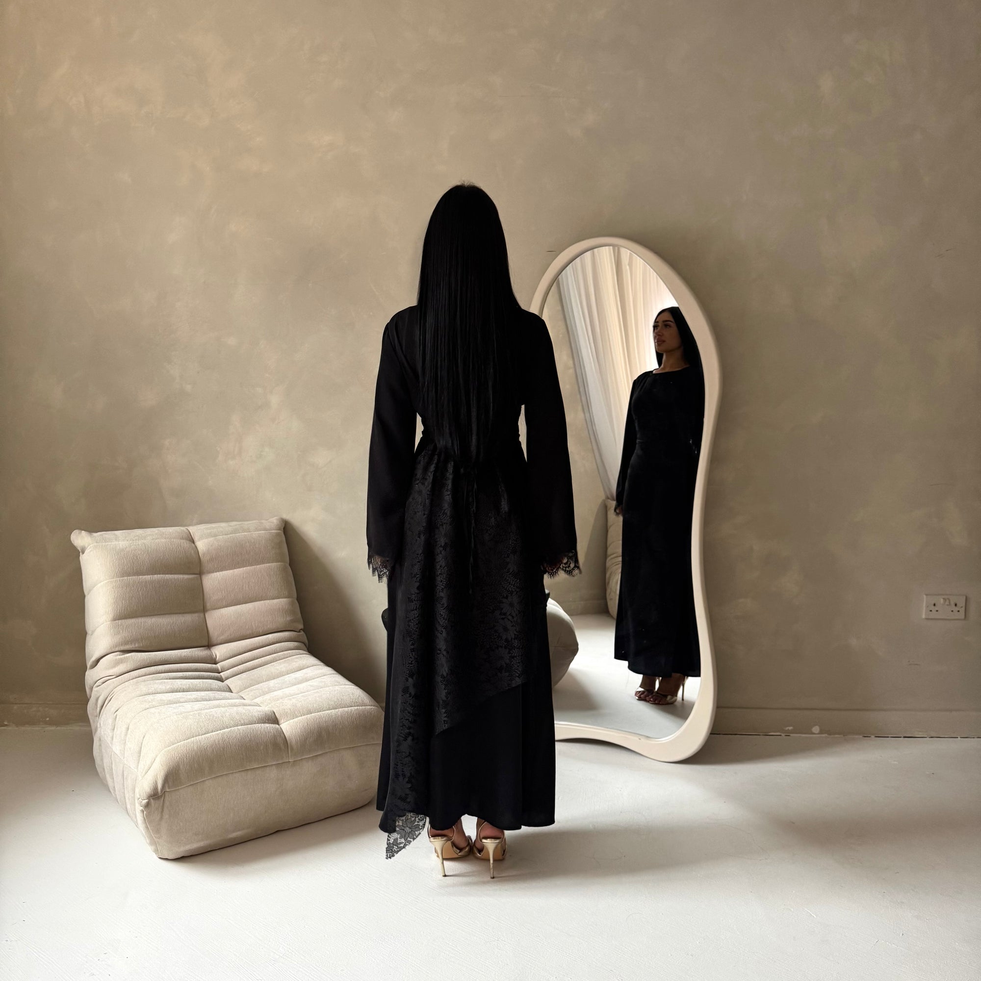 Luna Black(Black Lace) Lace Detail Tie Back Modest Dress