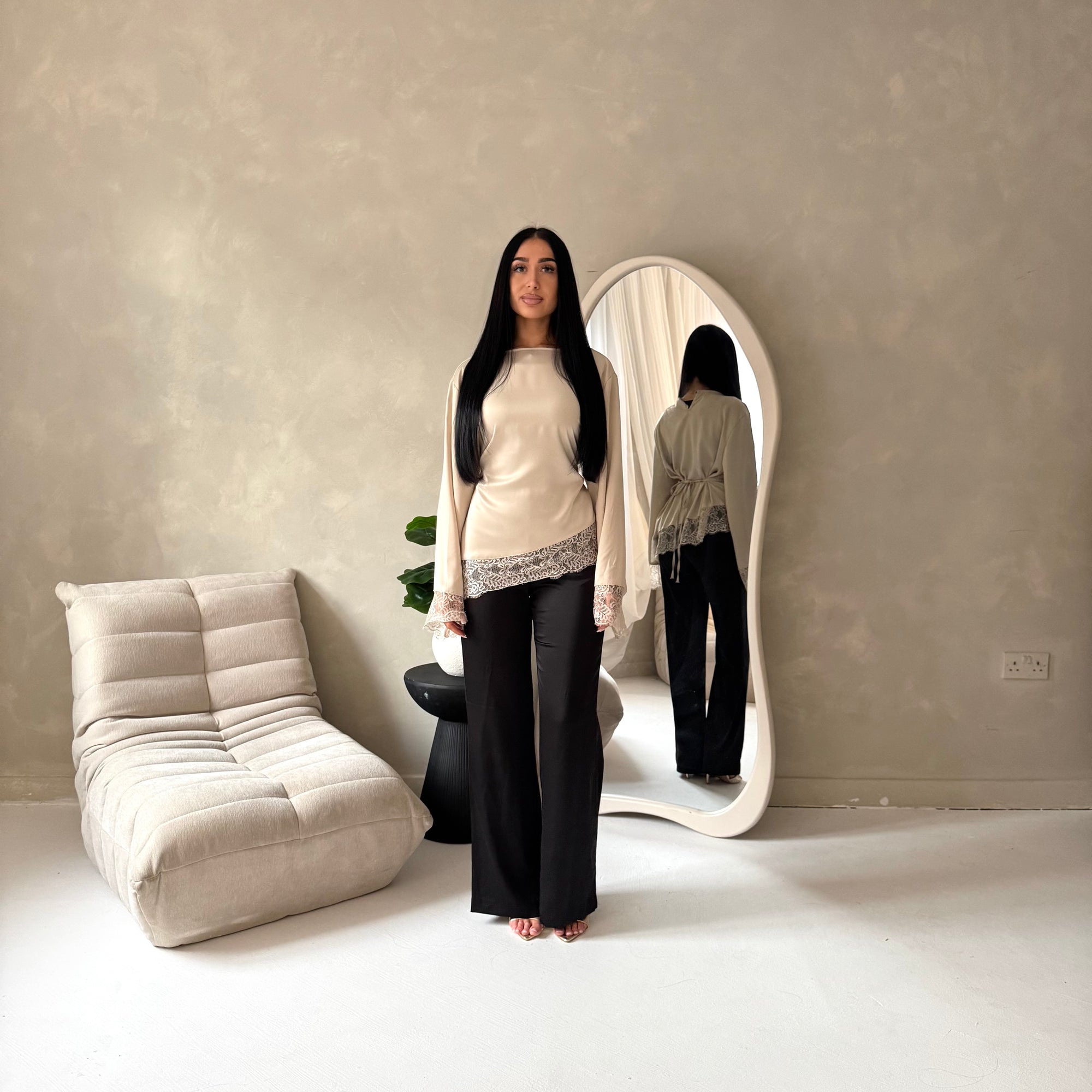 Hayat Beige Satin Tie back Lace Detail Top