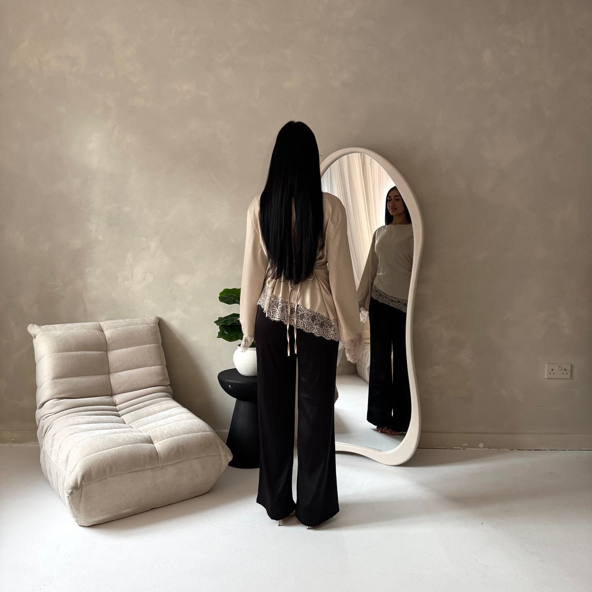 Hayat Beige Satin Tie back Lace Detail Top