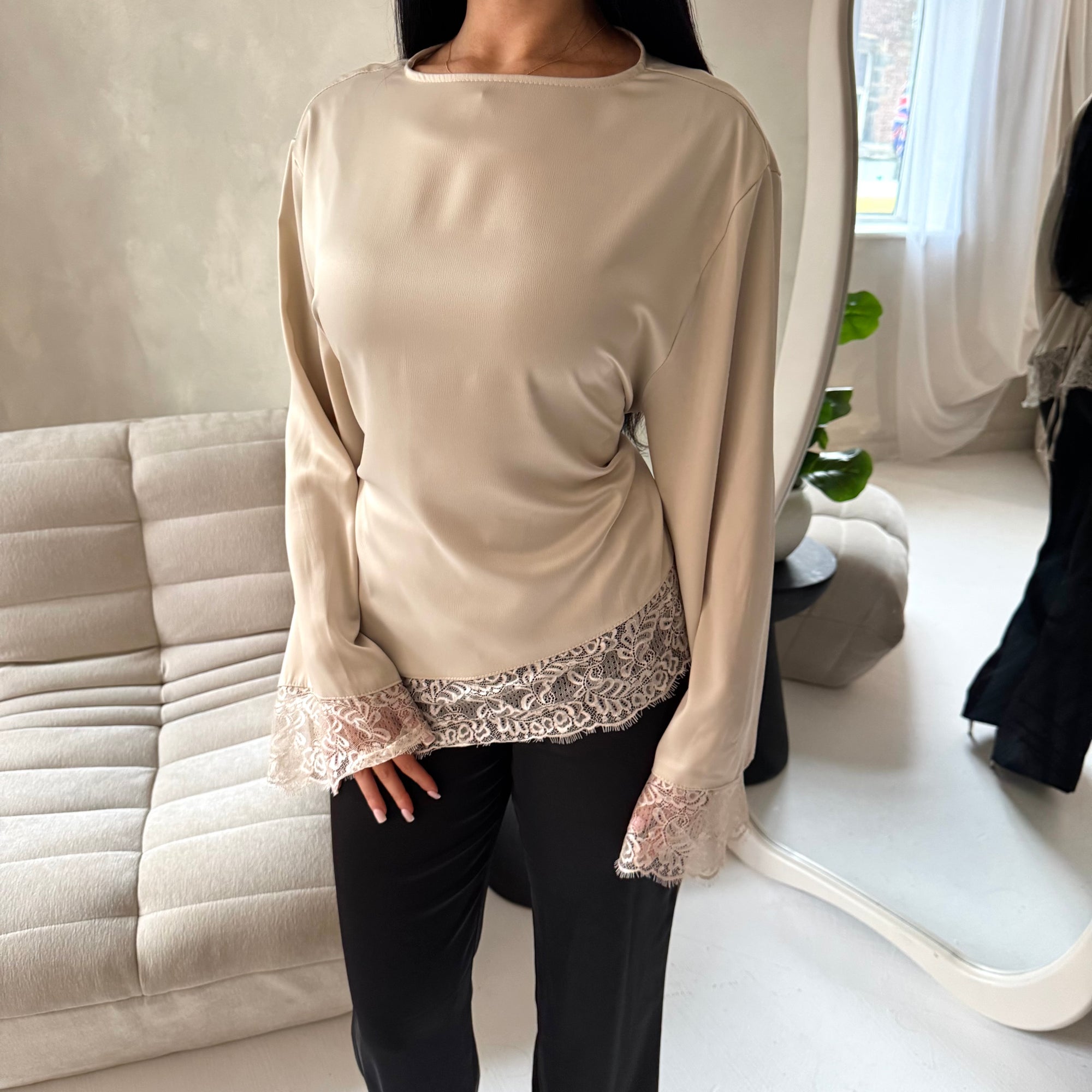 Hayat Beige Satin Tie back Lace Detail Top