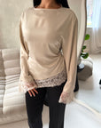 Hayat Beige Satin Tie back Lace Detail Top